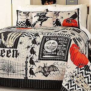 Cmfshape Halloween Bedspread,Black Quilt Set King Size,Pumpkin Ghost Festival Themed Bedding Set,Decorative Quilted 4 Piece Coverlet Set with 3 Pillow Shams(Black,King104 x90)