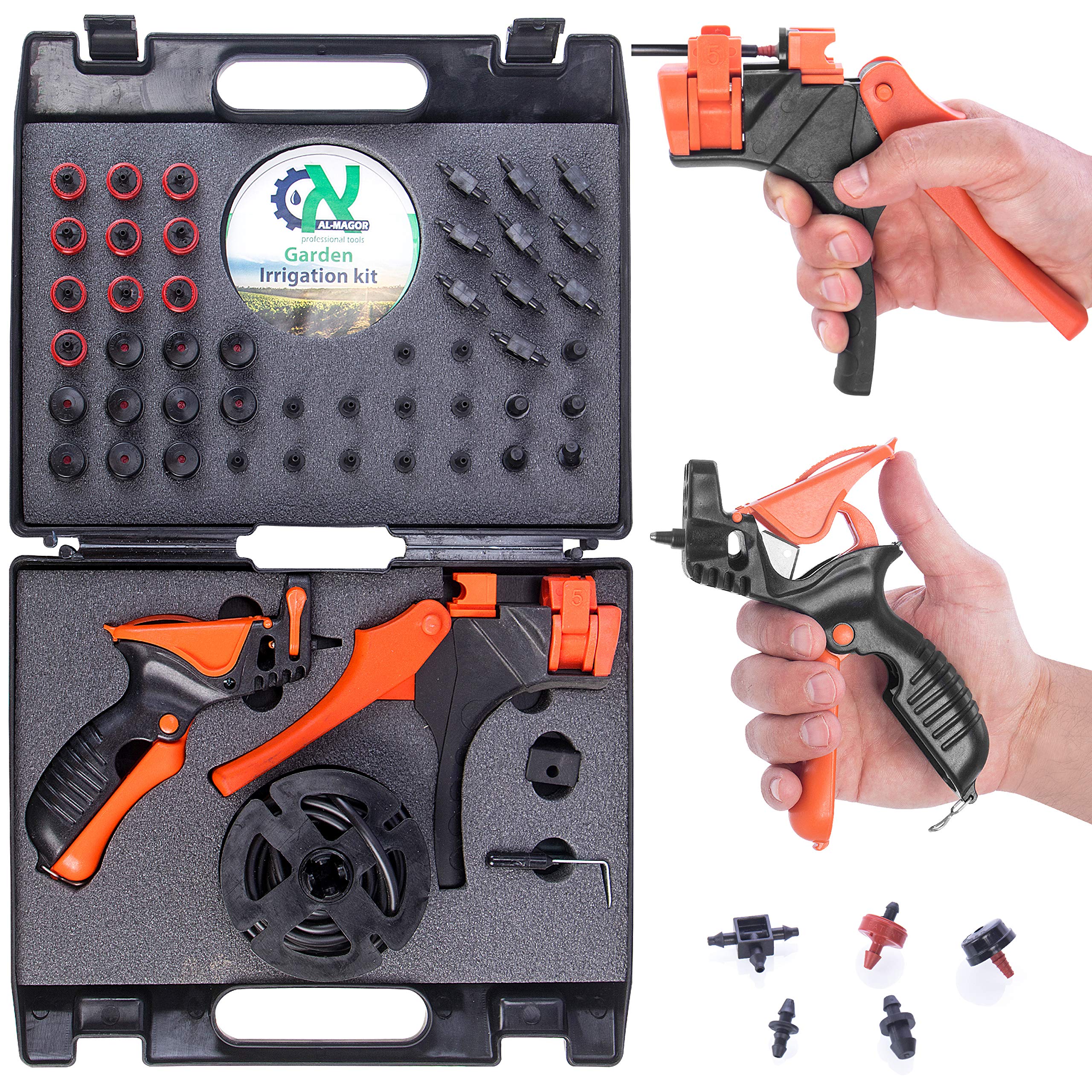 AL-MAGOR Kit di irrigazione da giardino: set completo per l'installazione, l'inserimento di irrigatori, gocciolatori in tubi in PE con strumenti, spine, connettori e custodia