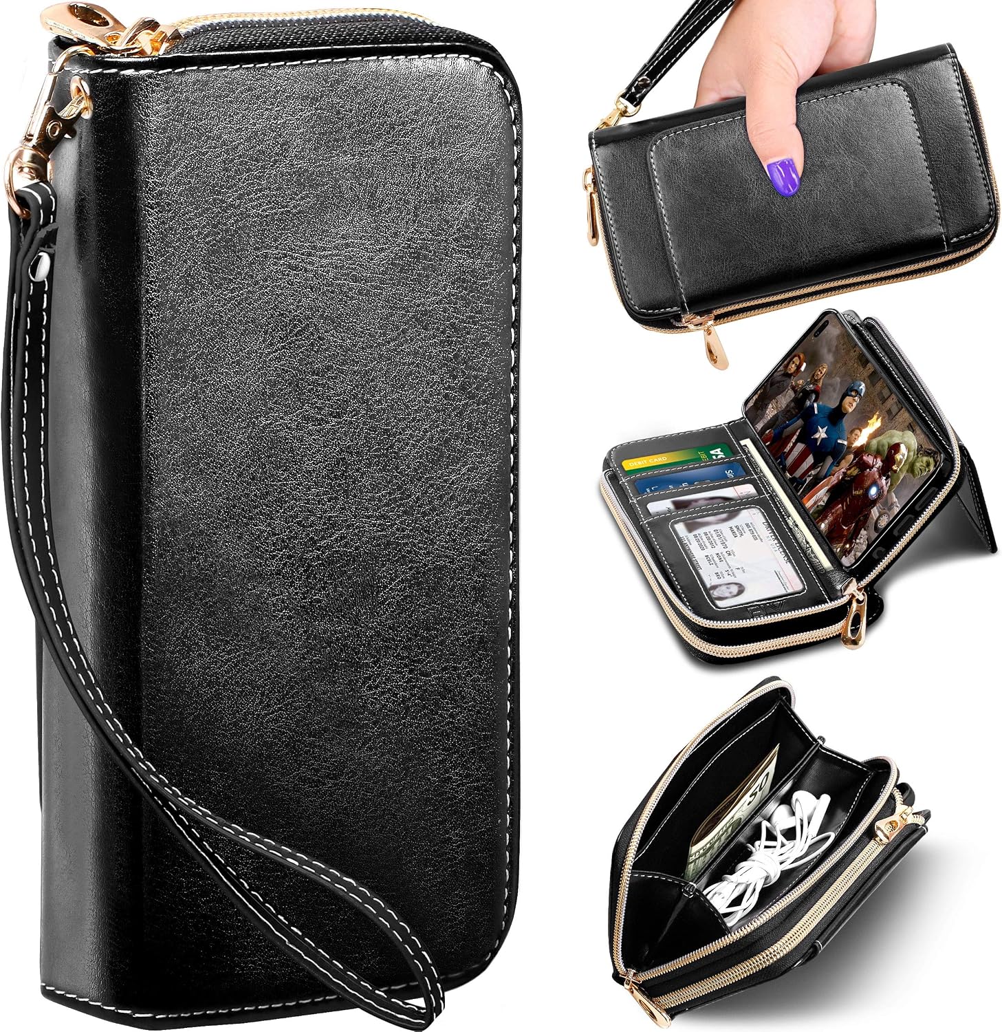 ELV Luxury Handcrafted Purse Series Designed for Samsung Galaxy S10 Plus Case, PU Vegan Leather Wallet Case Cover for Galaxy S10+ (6.4”) with Kickstand, Detachable Phone Case & Card Slots (Black)