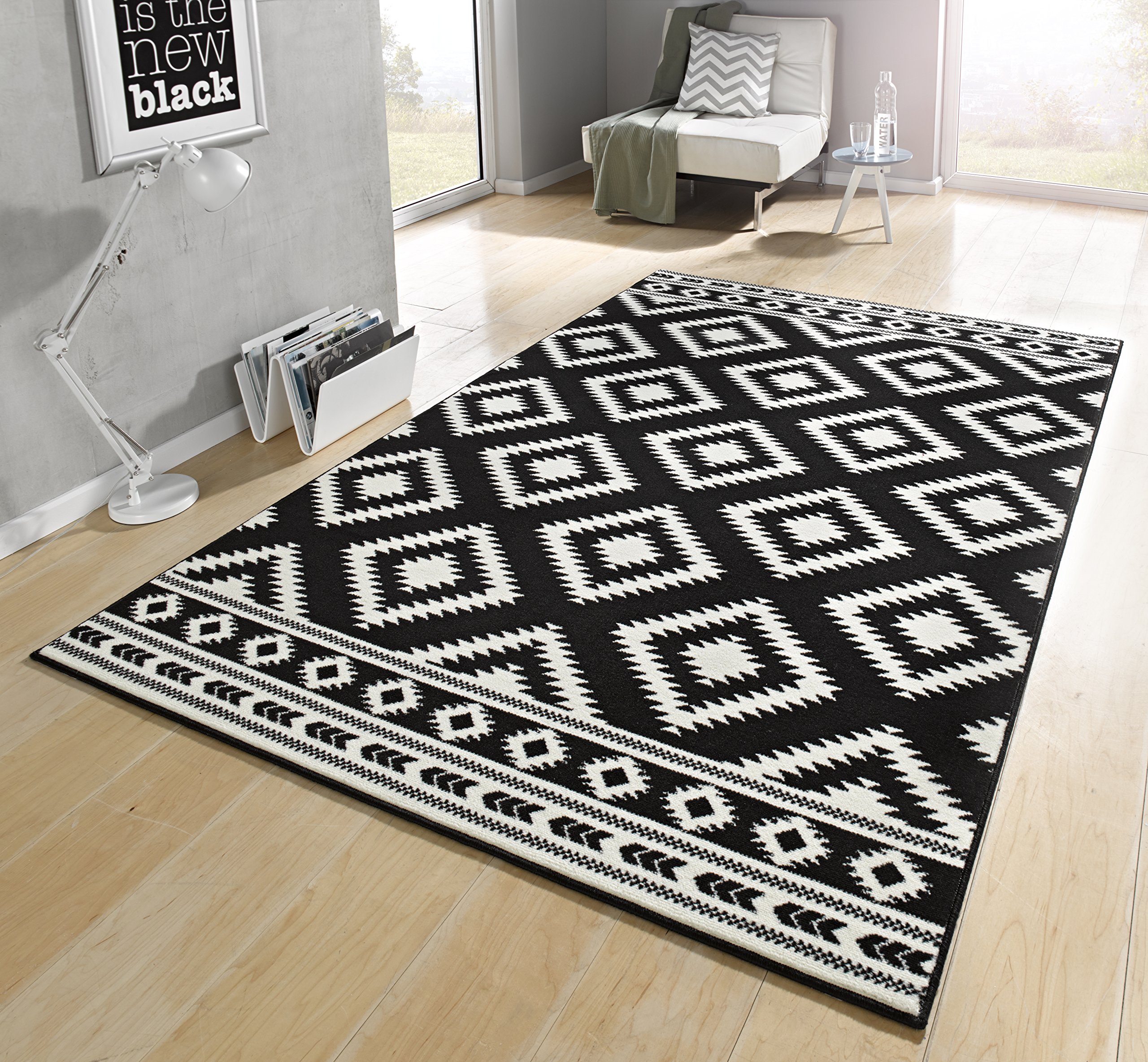 Hanse Home Tapis ethnique - Tapis de salon à poils courts - Design losanges - Aspect moderne - Pour salle à manger, salon, chambre d'enfant, couloir, chambre à coucher, cuisine - Noir crème - 80 x 150