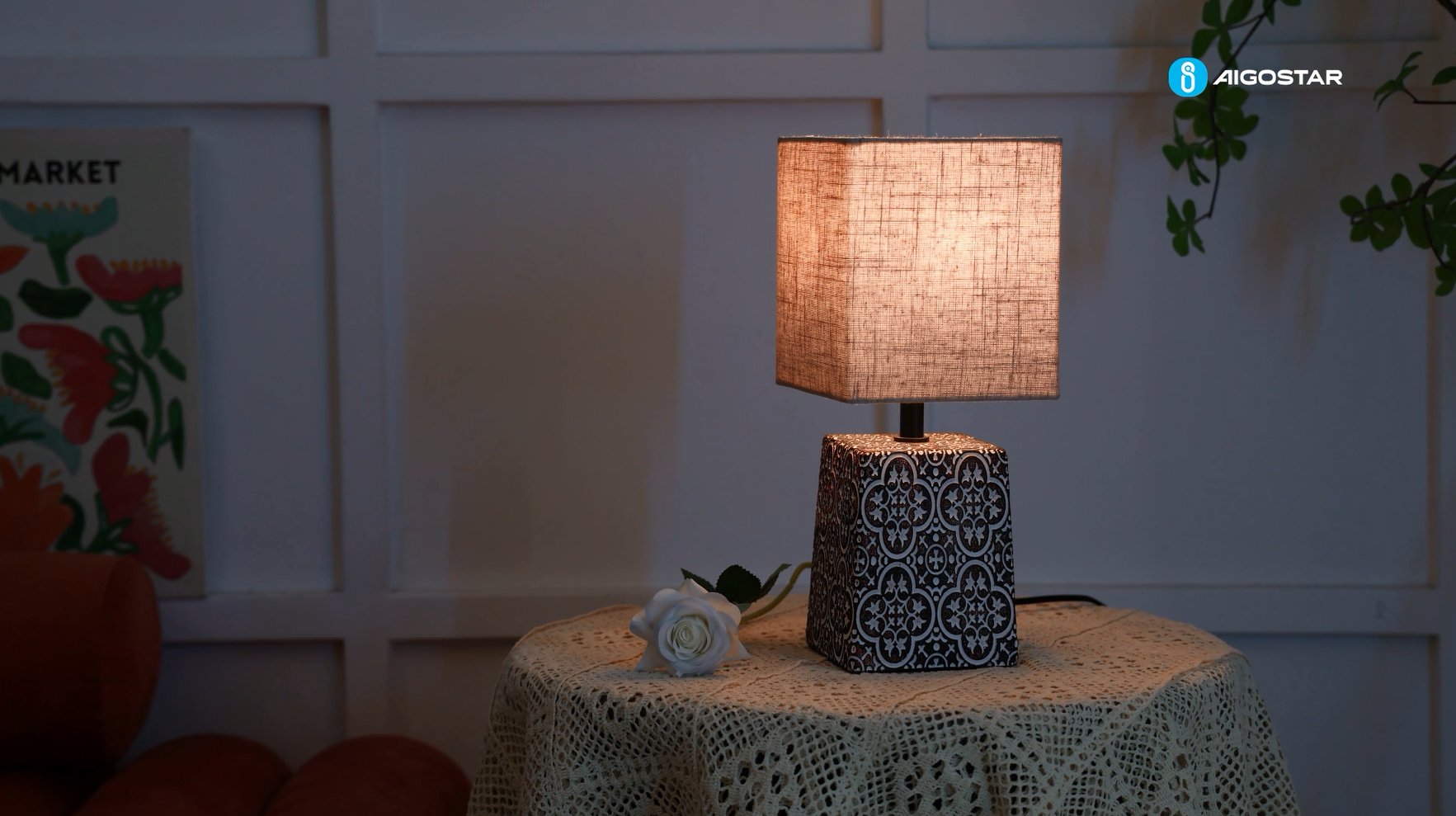 Lampada da tavolo vintage - Base in ceramica e paralume in lino - Luno