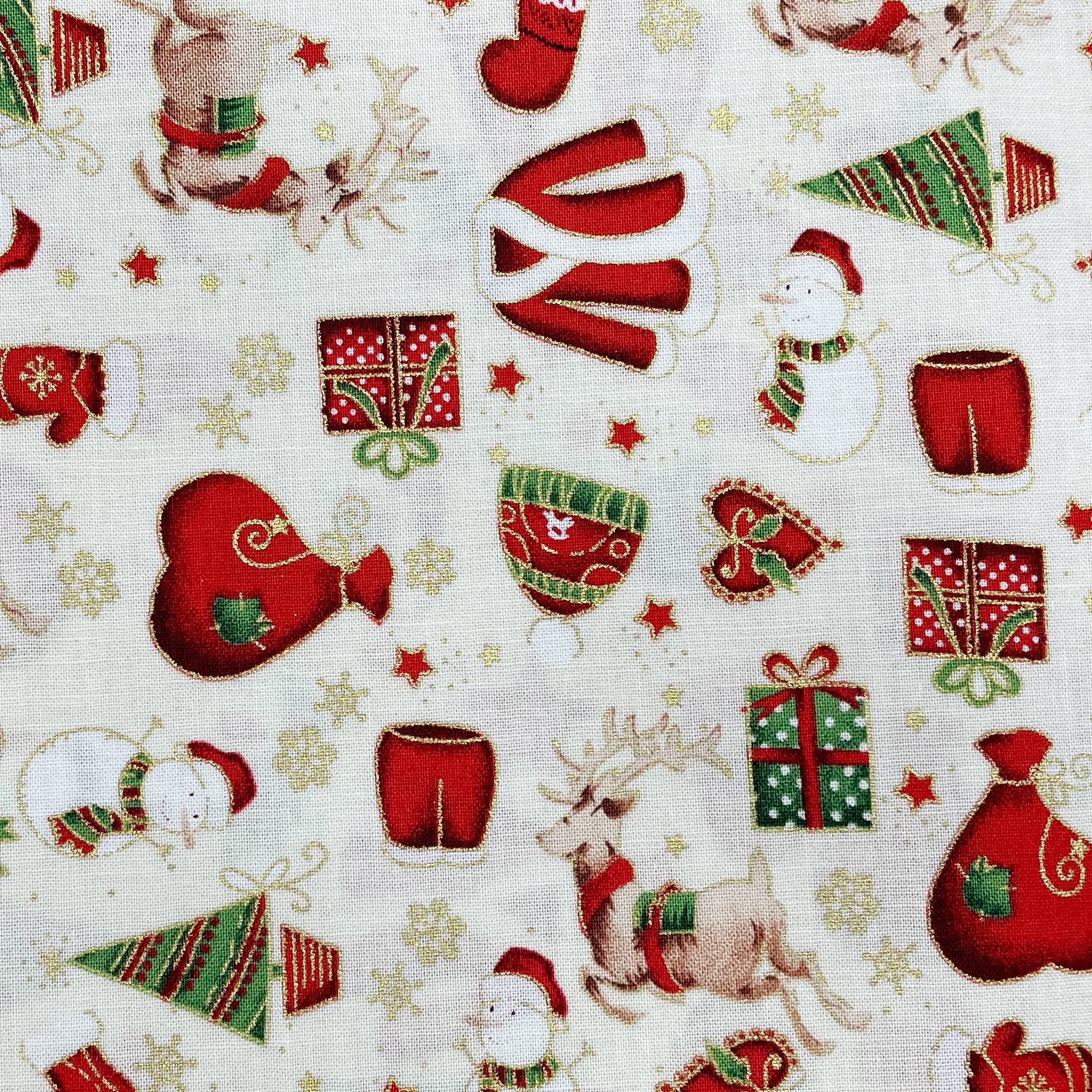 Tirrito White Christmas Fabric - Gold Snowflake Santa Reindeer Snowmen On Ivory Craft Fabric Material