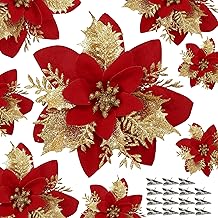 Childom 15 PCS Red Poinsettia Flower Artificial Poinsettias With Clips Christmas Decorations Glitter Poinsettia Christmas Ornaments Xmas Tree Flower Decor with Stems DIY Xmas Wreath Home Holiday Party