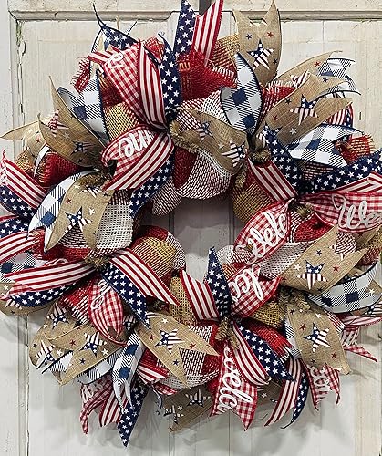 24 Round Patriotic Mesh Front Door Wreath with Welcome Sign Insert Option Heavy Wire Base Lots of Ribbon
