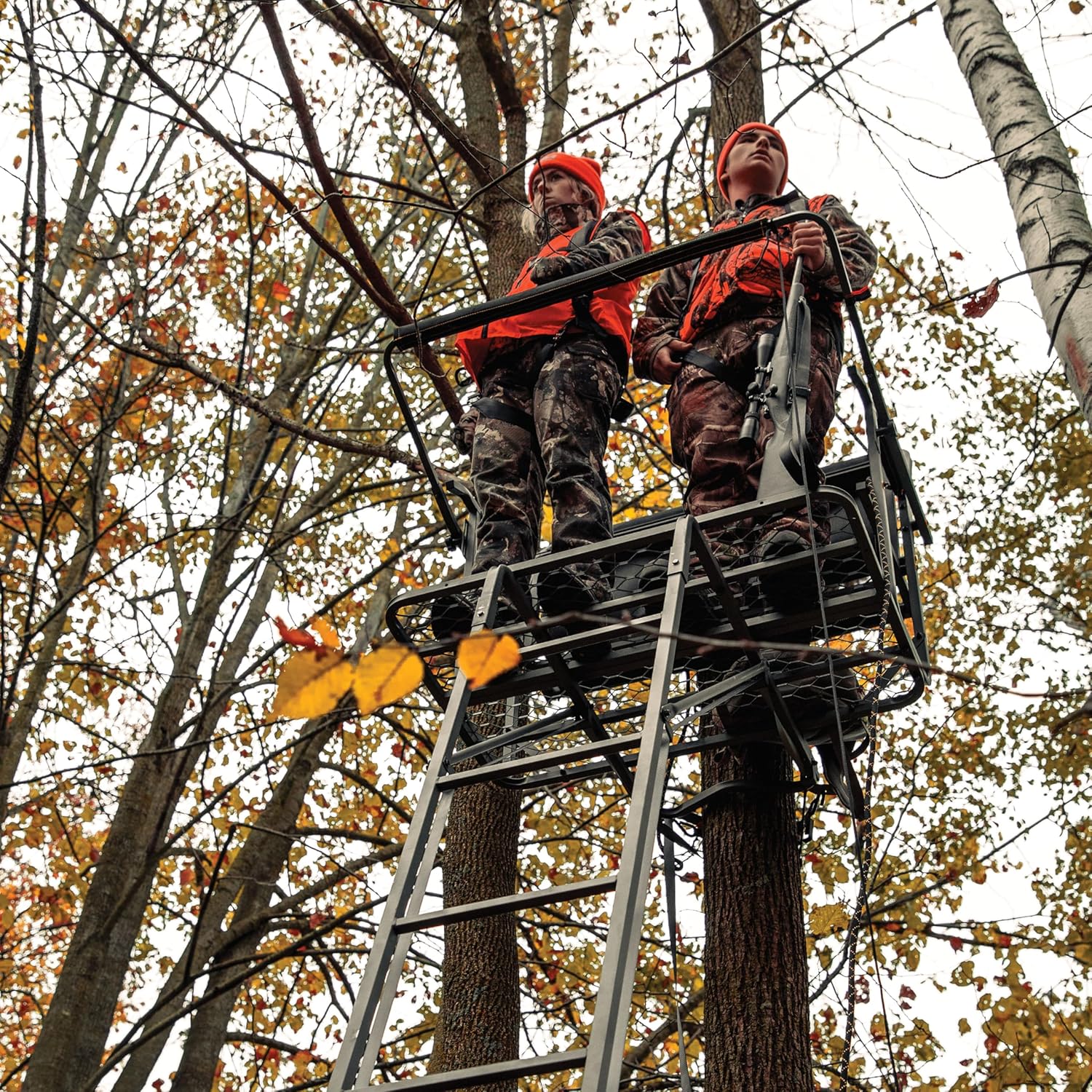 Rivers Edge TwoPlex LS 2-Man Ladder Stand, 17’1” Height, Lockdown Strapping System, Flip-Up TearTuff Mesh Bench Seat, 40” Wide Platform, 2-Way Adjustable Shooting Rail, RE669