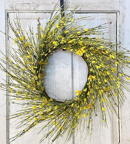22-24 Diameter Round Yellow Forsythia Spring Summer Front Door Wreath on Grapevine Base Handmade