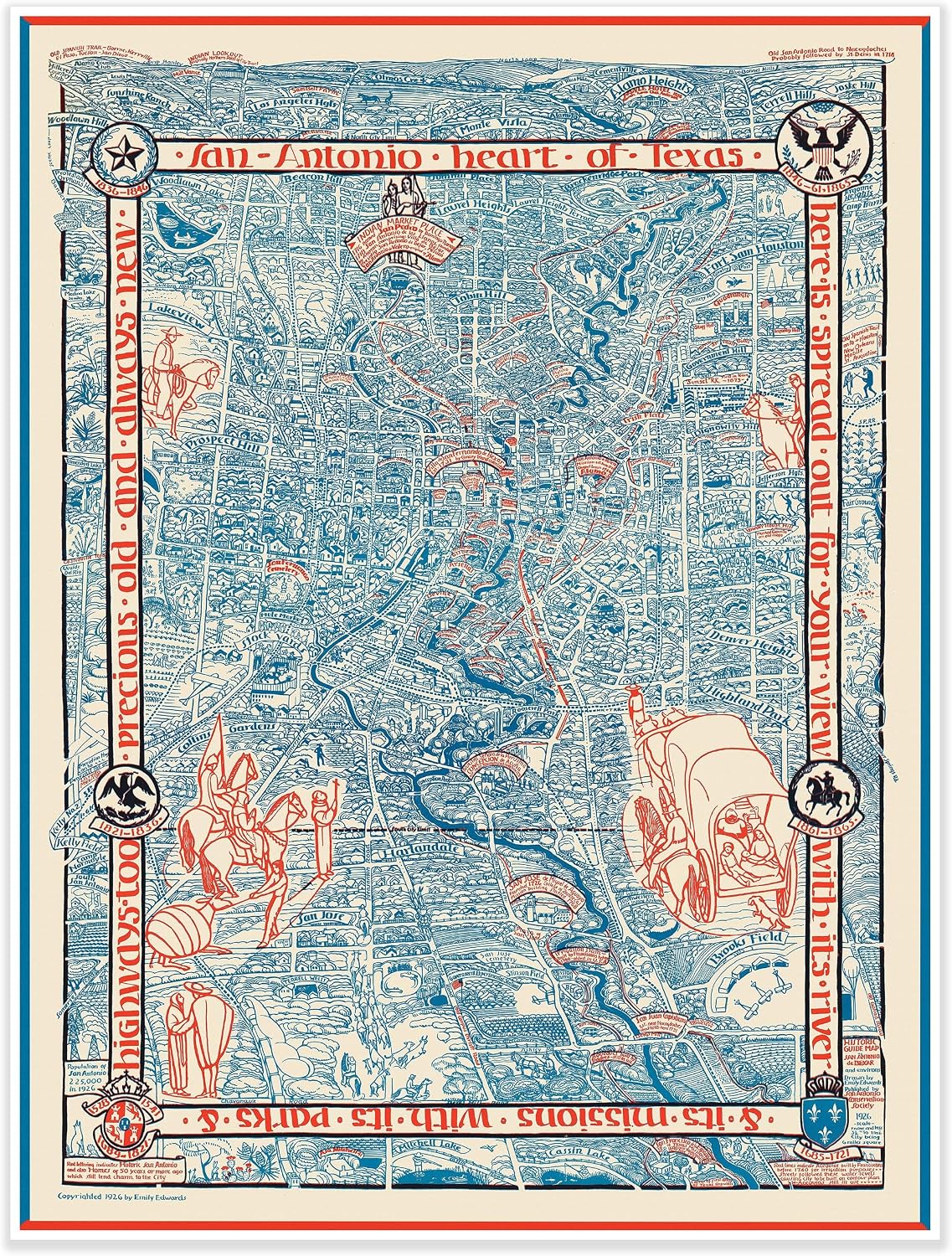 Gallery Prints Vintage San Antonio Heart of Texas Illustrated Print | Historical City Wall Decor by Emily Edwards circa 1926 | 24 x 32 inches