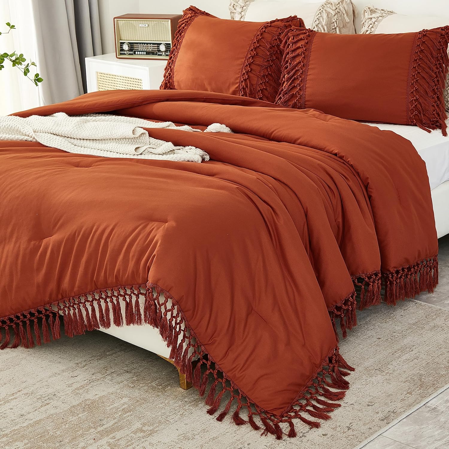Andency Burnt Orange Comforter Set California King, 3 Pieces Boho Cal King Tassel Lightweight Soft Bedding Comforter Sets, Oversized Bed Set (104x96In Comforter & 2 Pillowcases) California King(104"x96") Terracotta
