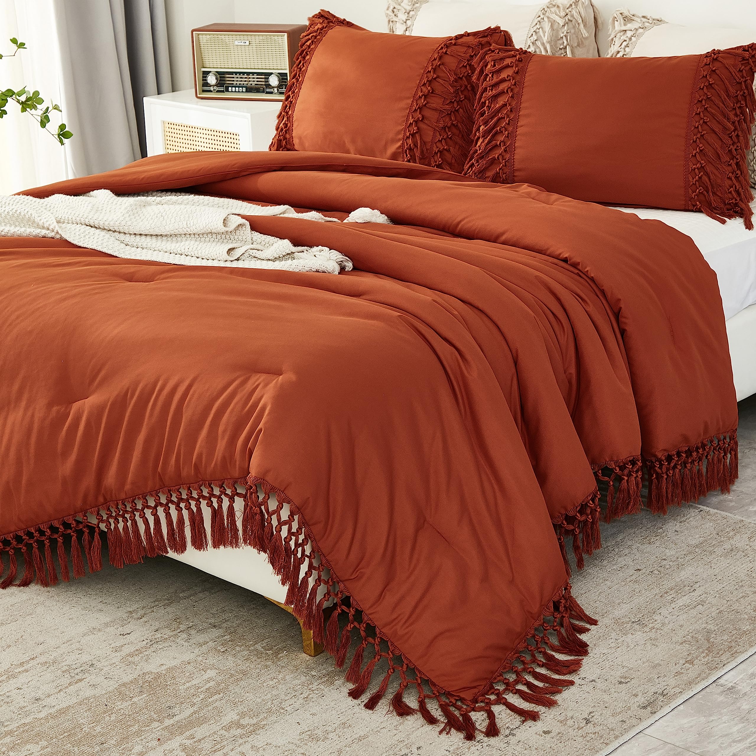 Andency Burnt Orange Comforter Set California King, 3 Pieces Boho Cal King Tassel Lightweight