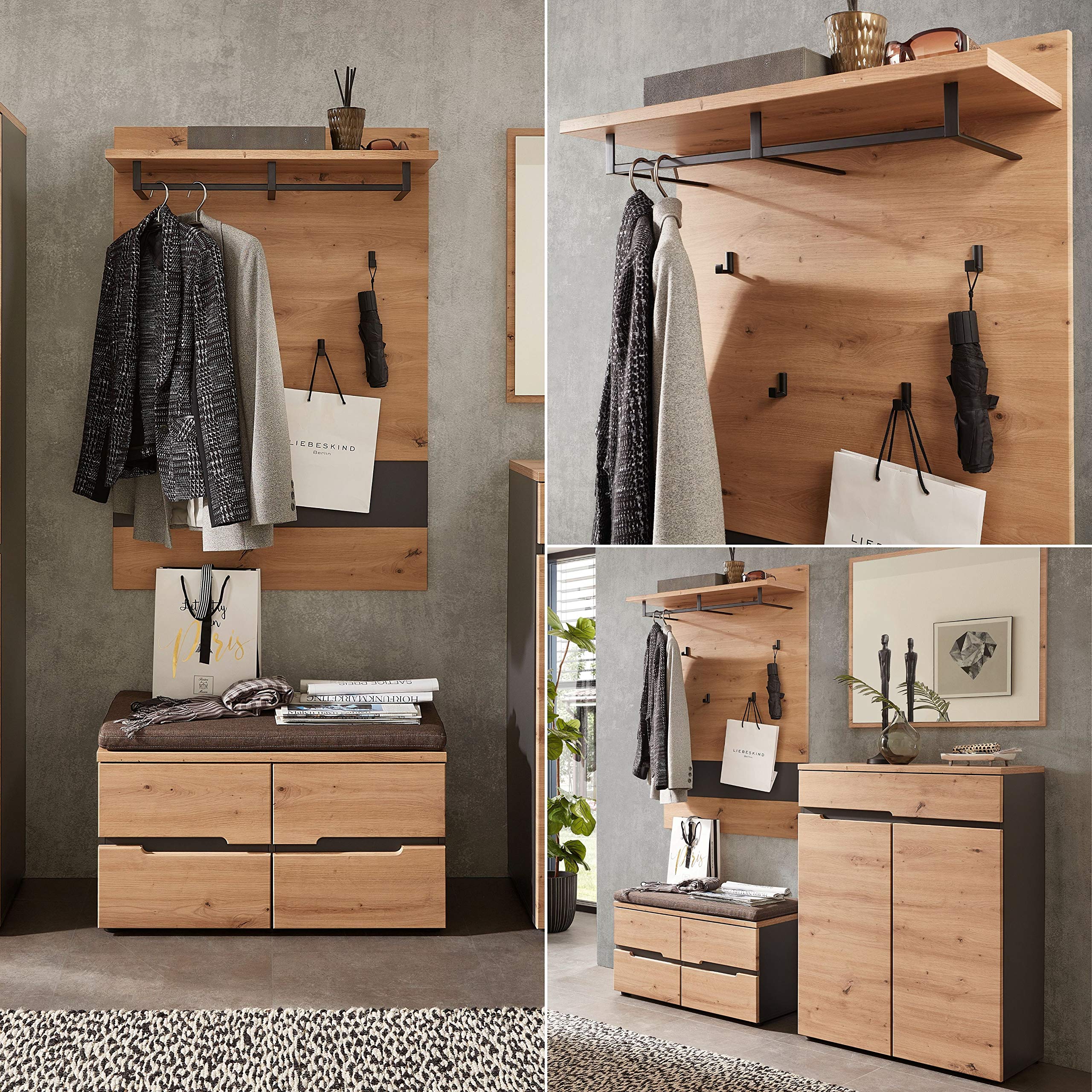 Stella Trading Garderobenpaneel in Artisan Eiche Optik Graphit - Moderne Hutablage & zuverlässige Wandhaken für Jacken & Taschen - 80 x 118 x 30 cm (B/H/T) | Wandgarderobe für den Flur mit 4 Wandhaken aus Metall, Ablageboden und integrierter Kleiderstange