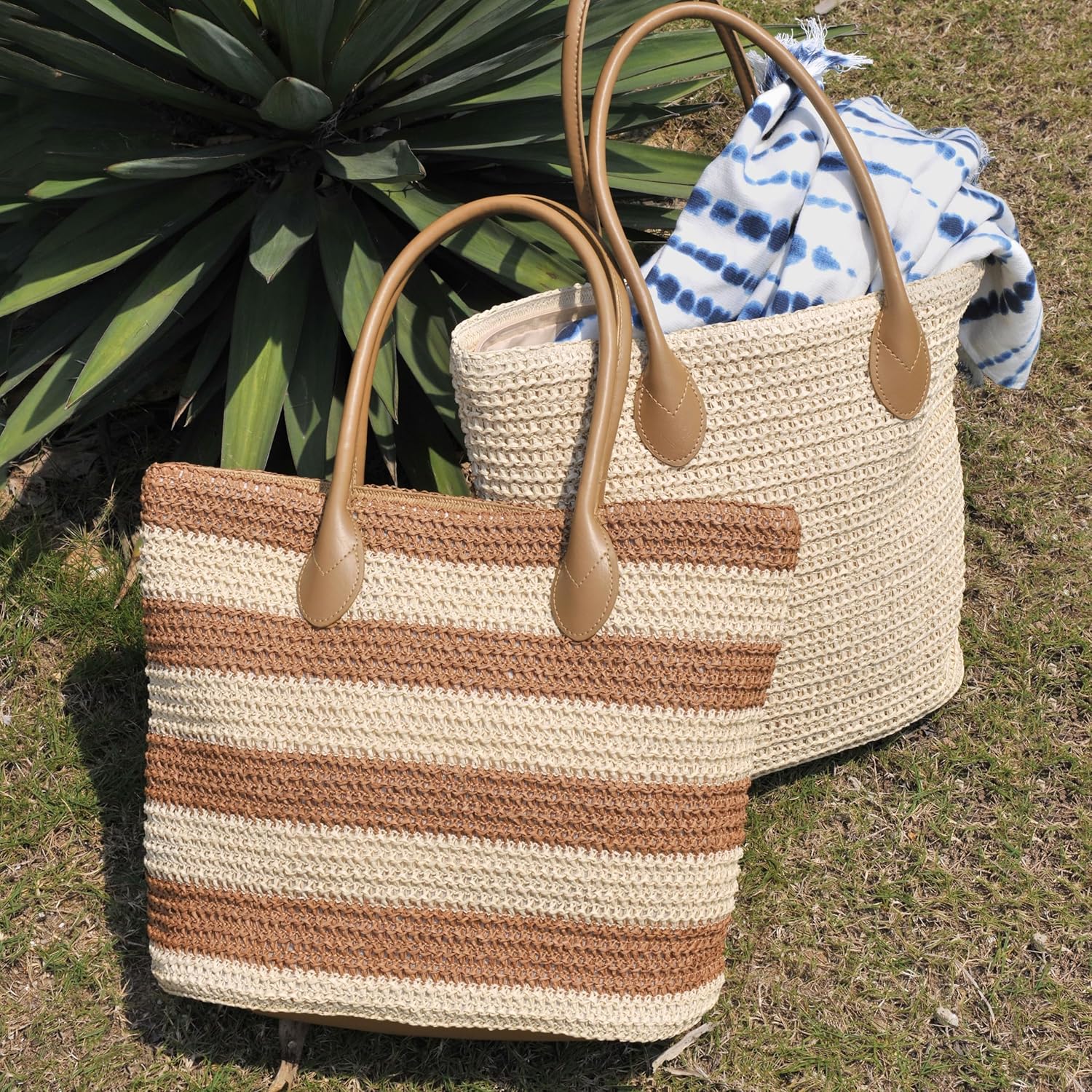 Striped Synthetic Straw Women's Tote Light Weight Vaction Shoulder Handbag - Image 3