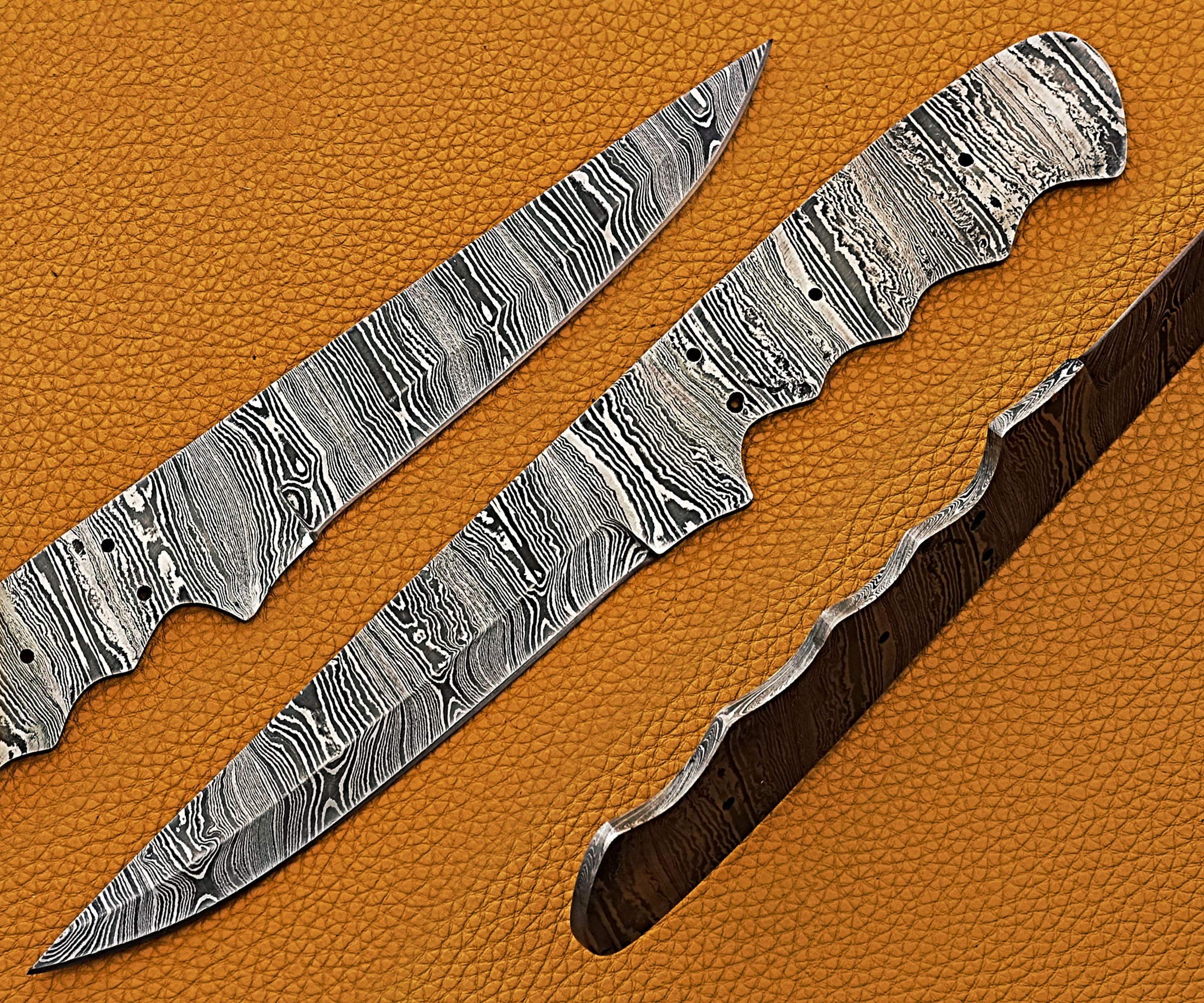 Damascus Steel Blank Blade 10.75 inches Long Hand Forged Straight Back Skinning Knife Blank Blade, Hunting Knife with 4 Pin Hole, 5.5 inches Cutting Edge, 4.5