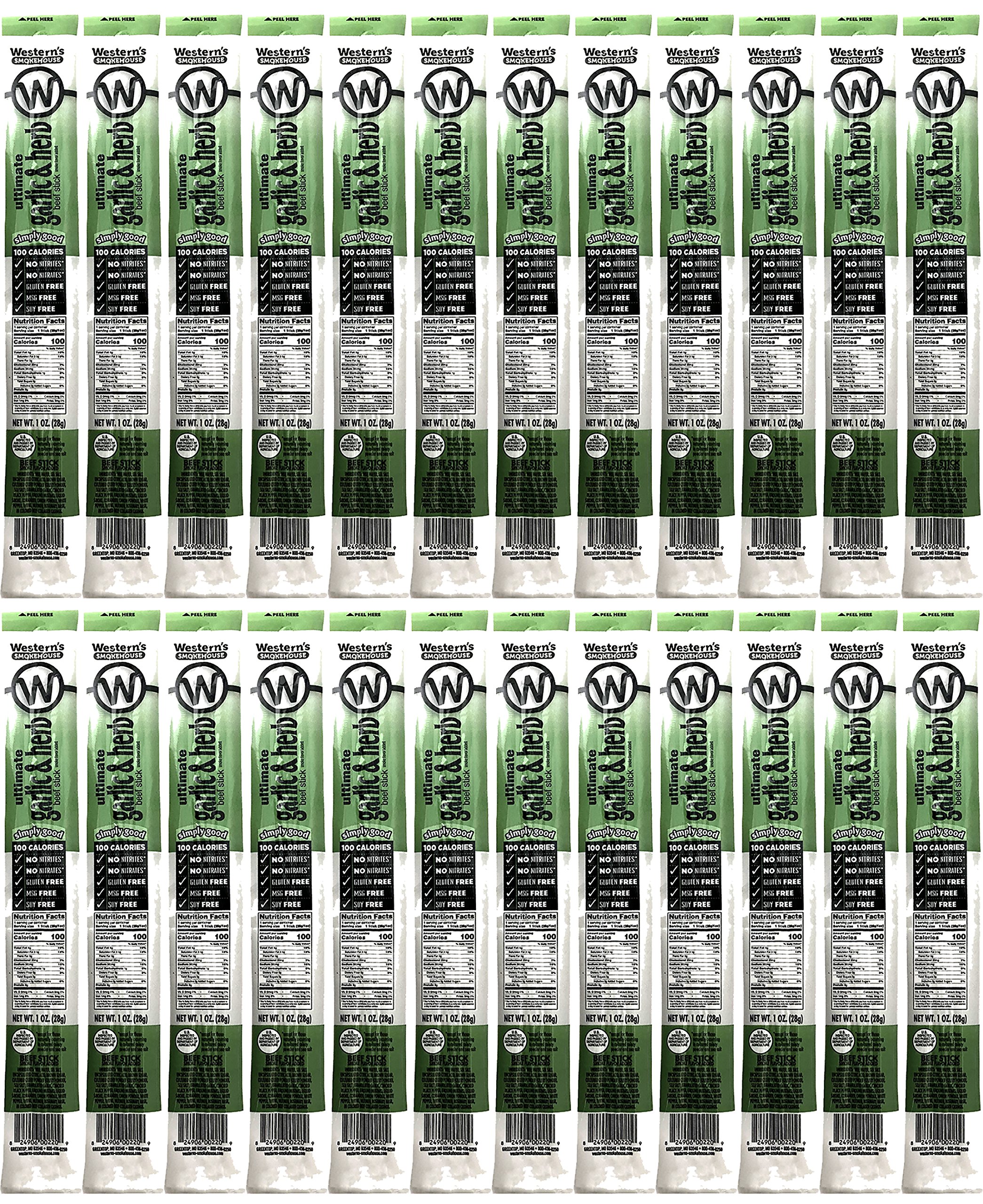 Western’s Smokehouse Garlic & Herb Jerky Meat Sticks - 1.0 Ounce, Pack of 24-100 Calories, 8g Protein, Gluten-Free, MSG-Free, Soy-Free, No Nitrates