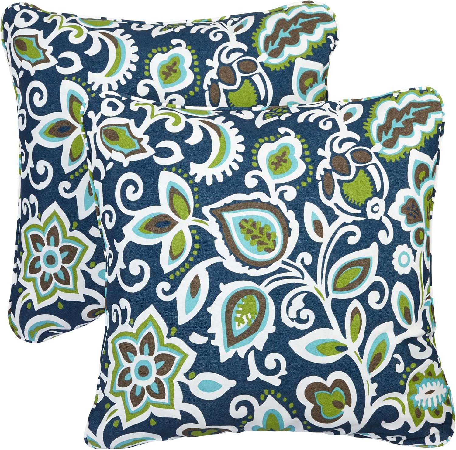 Mozaic Company AZPS4082 Indoor Outdoor Square Pillow with Corded Edges, Set of 2, 20 inches, Navy Blue & Green Floral