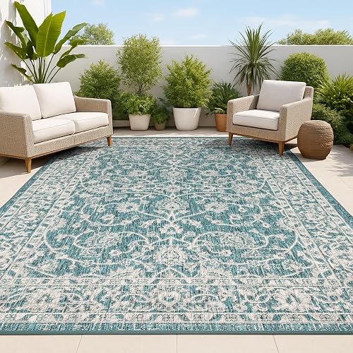 JONATHAN Y Vine and Border 8x10 Indoor/Outdoor Rug (Teal/Gray)