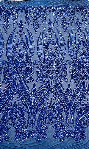 New Creations Fabric & Foam Inc, Diseño de damasco imperio con lentejuelas bordadas en una tela de malla elástica de 4 vías (1 yarda, azul real