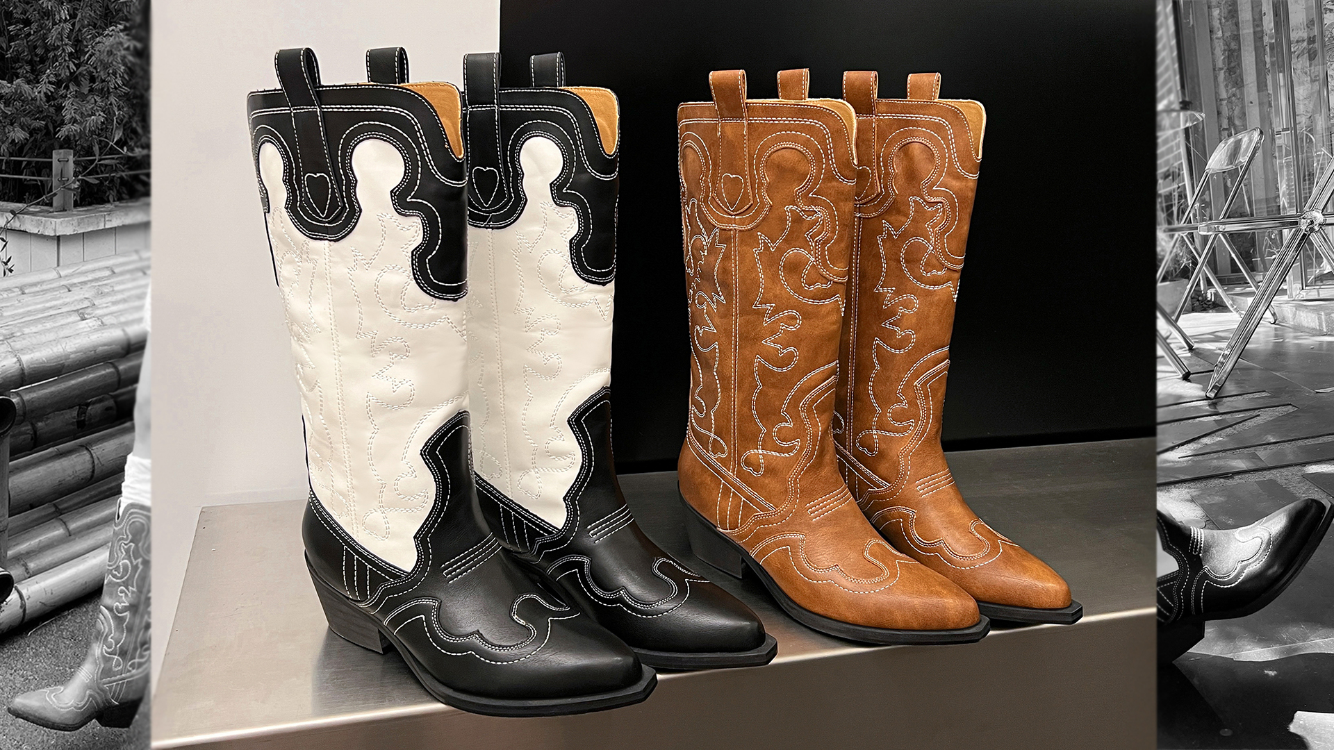 Hand Crafted Black and White Embroidered Cowboy Boot iron on Men main image 4