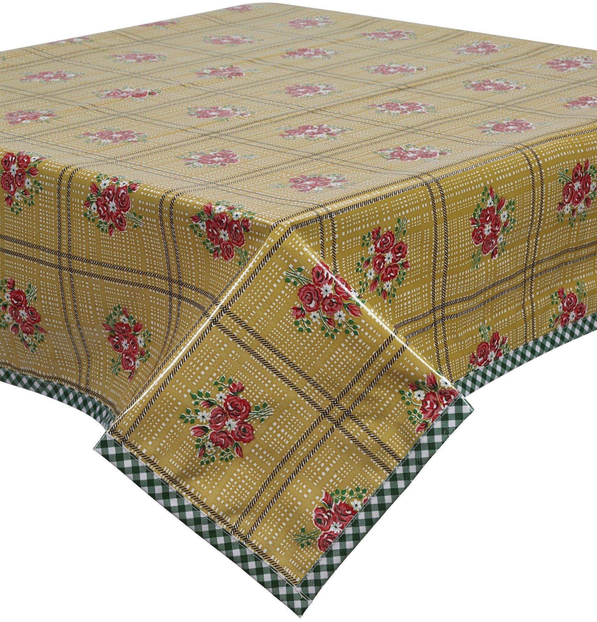 Bouquet Tan Oilcloth Tablecloth with Green Gingham Trim You Pick The Size 48x72