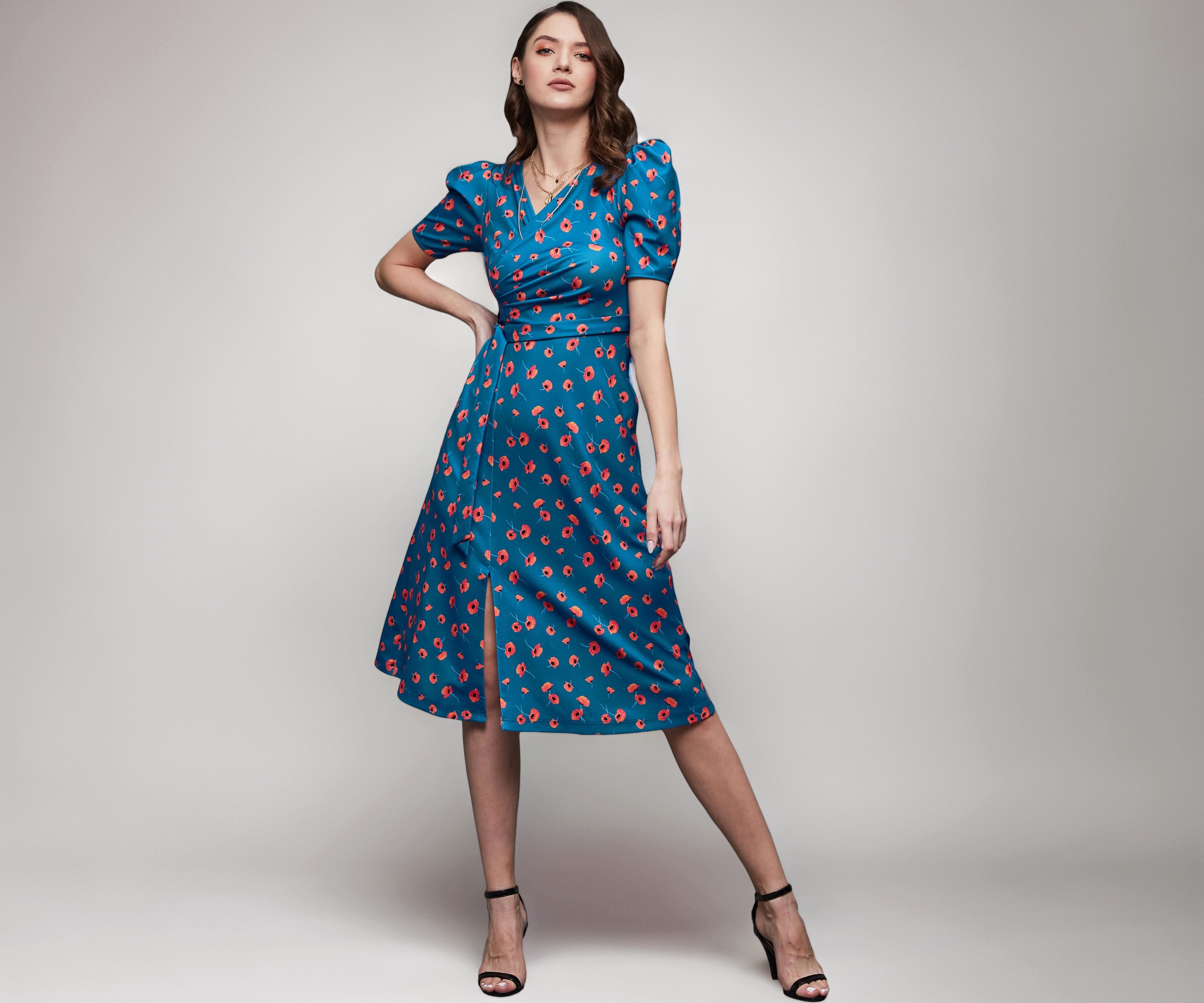 chase the blues midi dress Buy Miss Women's V-Neck Pleated Puff Sleeve Floral Patterned Wrap Polyester (MCSS24D97-56-163-05, Multicolored Base Blue, L) at Midi dress