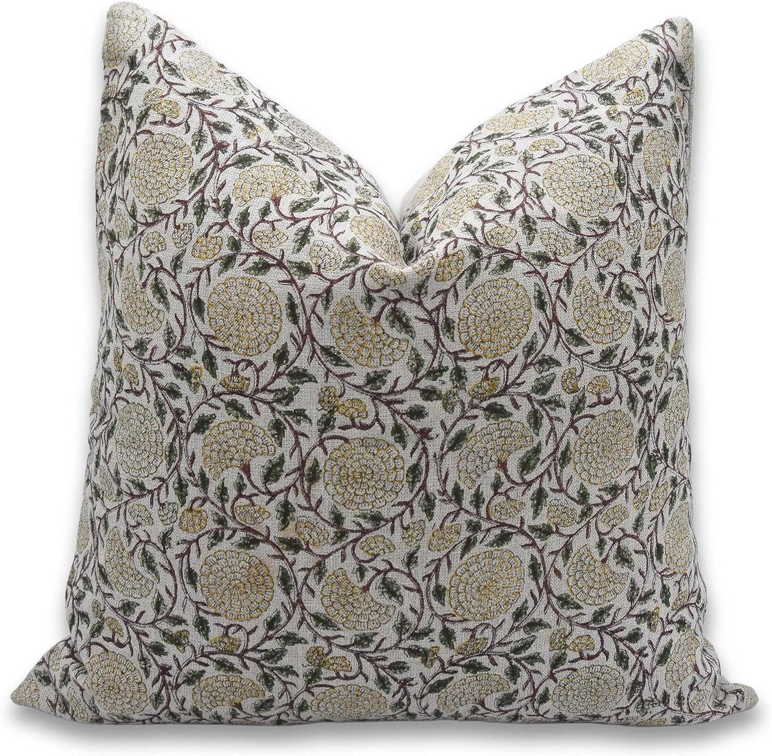 Handmade Thick Linen 22X22 Throw Block Print Decorative Pillowcase Cushion Cover with Zipper for Sofa, Couch, Fall Decoration, Outdoor, Living Room, Home Décor, Karwa Chauth, Light Yellow