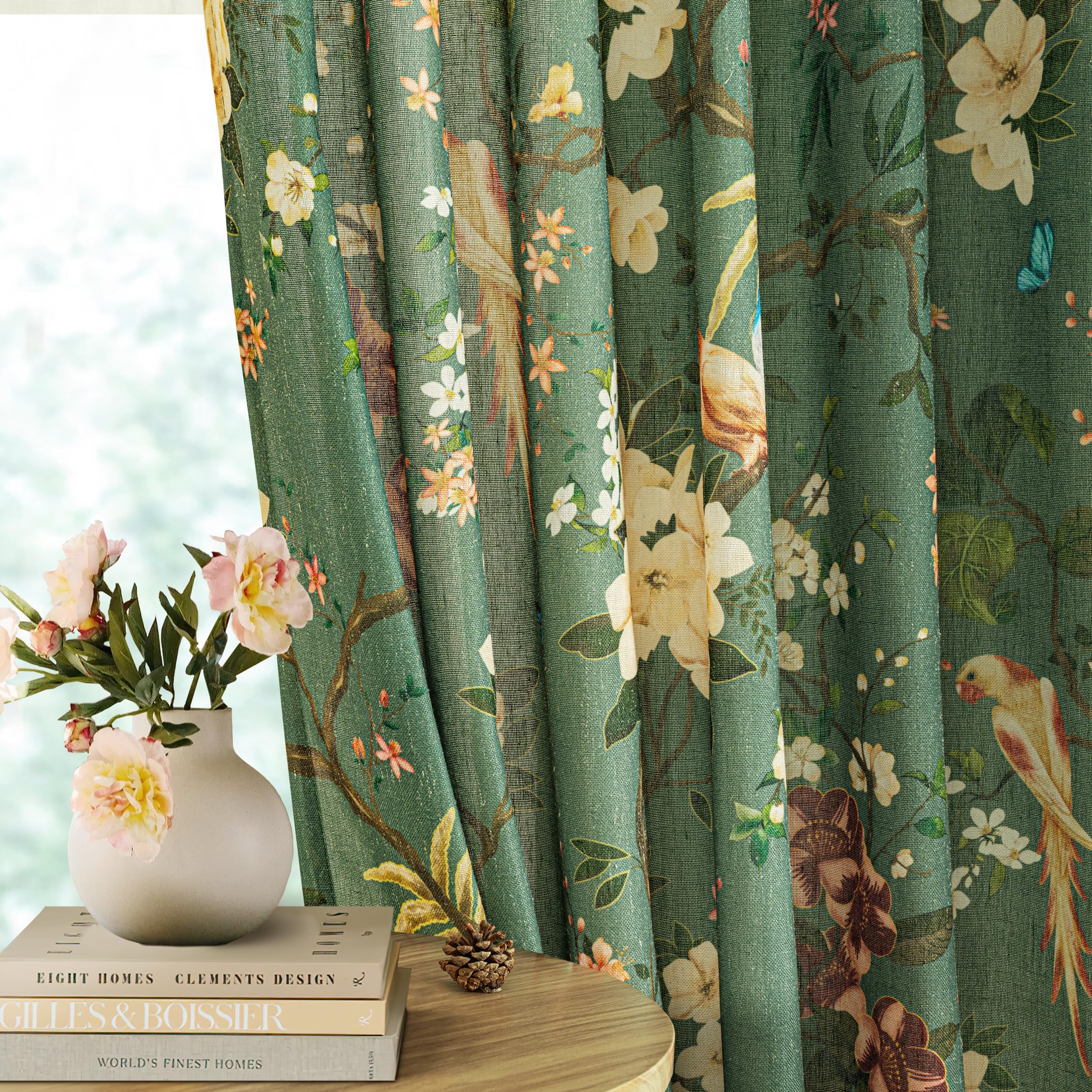 Olive Green Floral Linen Curtains 90 Inches Long for Living Room 2 Panels | Light Filtering Semi Sheer, Back Tab, Bird Leaf Botanical Patterned, Farmhouse Boho,Window Drapes,for Bedroom Dining Room