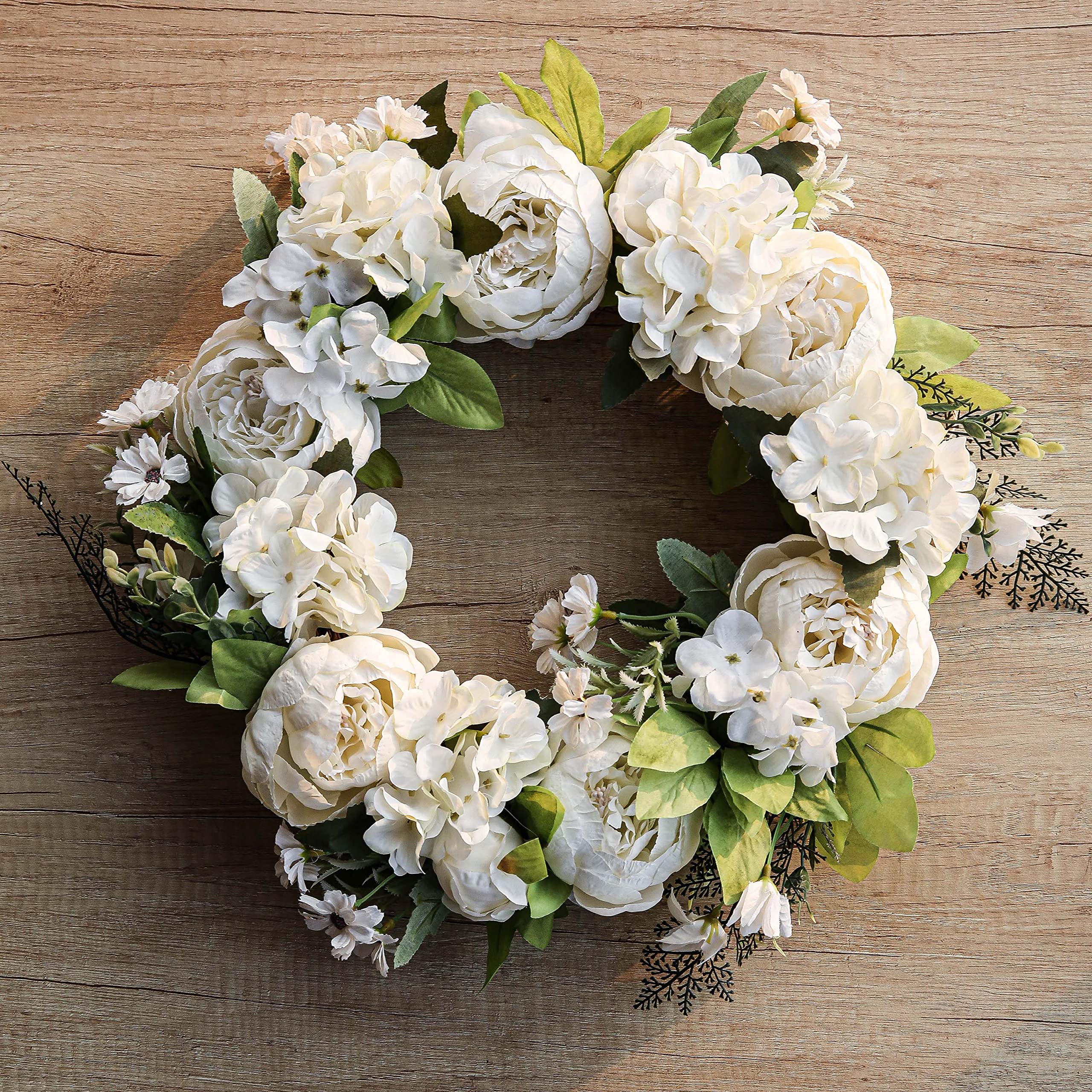 Peony Wreath 16" Floral Wreath Artificial Wreath for Front Door Wall Decor Home Décor Festival Celebration Wedding Party New Owners Seasonal Decoration Housewarming Gifts (White)
