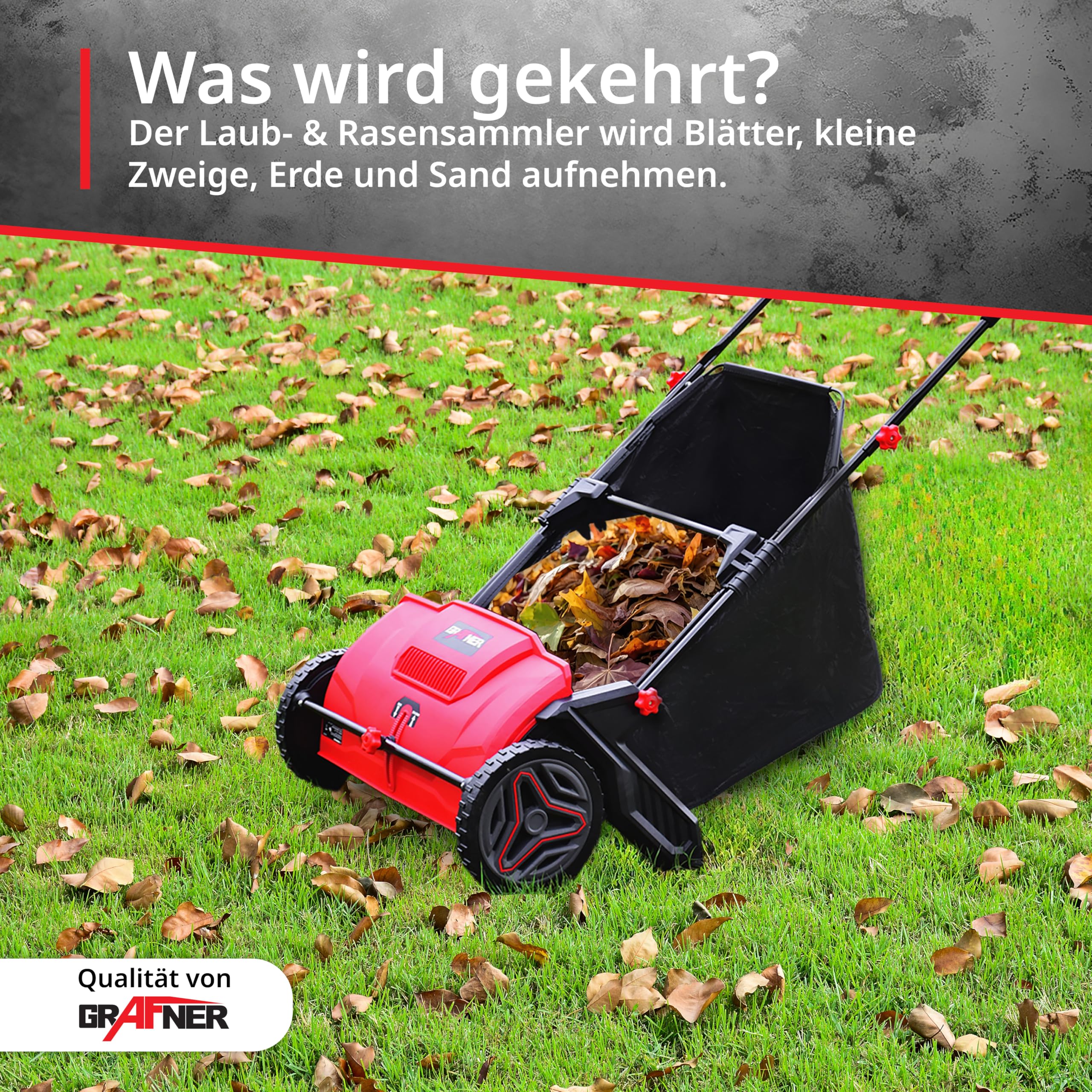 Grafner Laub- und Rasensammler, große Arbeitsbreite: 53 cm, 100 Liter Fangsack, stufenlose Höhenverstellung, Rasen Kehrmaschine Rasenkehrer Laubsammler Kehrmaschine Laubkehrmaschine Grasschnittsammler