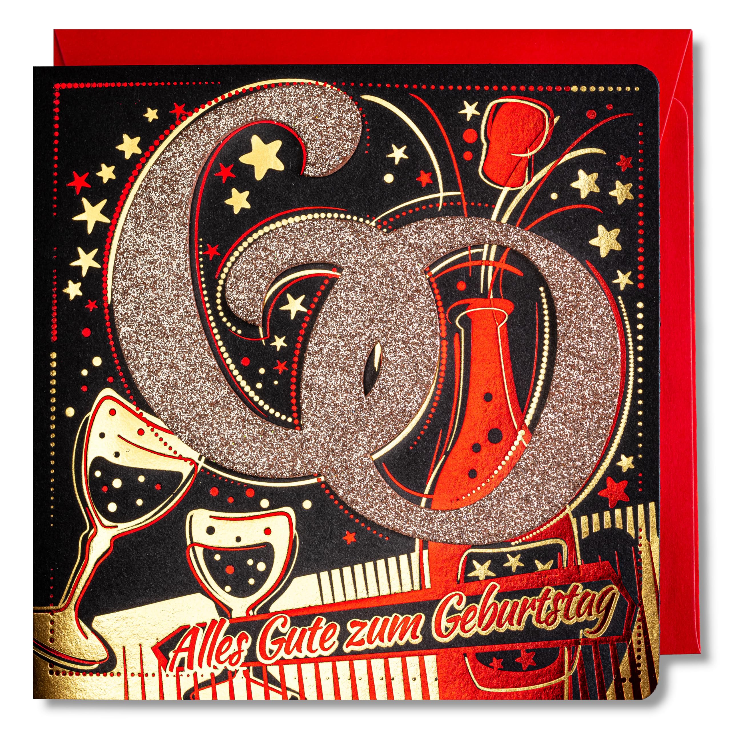 art nuvo Birthday Card - Happy Birthday Card with Envelope Full of Shine and Shimmering Light Reflected in the Glittering Number and Colourful Prints