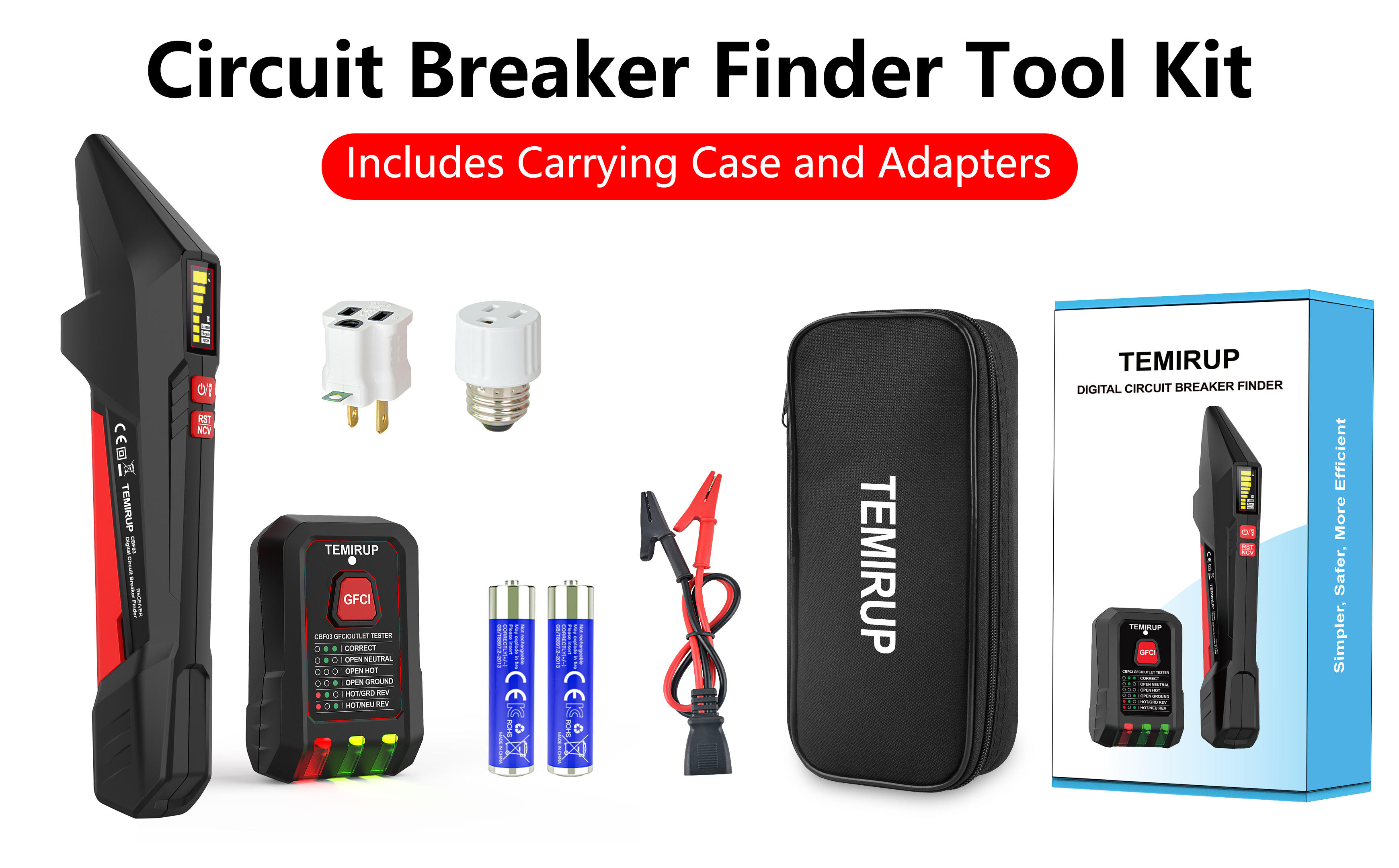 Image of Circuit Breaker Finder Tool Kit with GFCI Outlet Tester, 90-135V Electrical Circuit Tracer Tool with Color LCD, NCV Test & Flashlight, Includes Light Socket Adapter, 3-2 Prong Grounding & Clip Adapter
