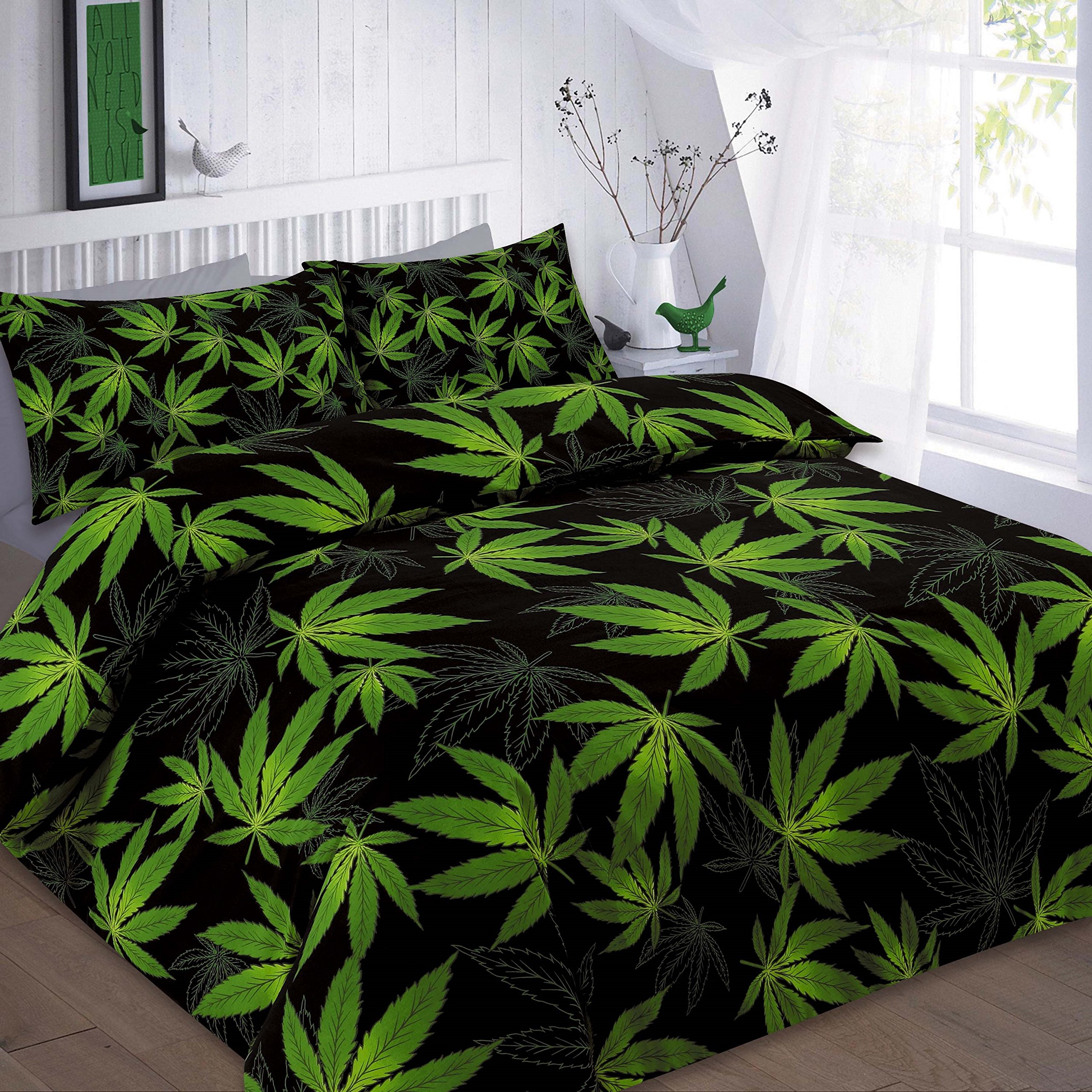 Maria Luxury Bedding & Linen Green Cannabis Marijuana Leaf Weed And Black Print Duvet Cover And Pillowcase Bedding Bed Linen Set (Single)