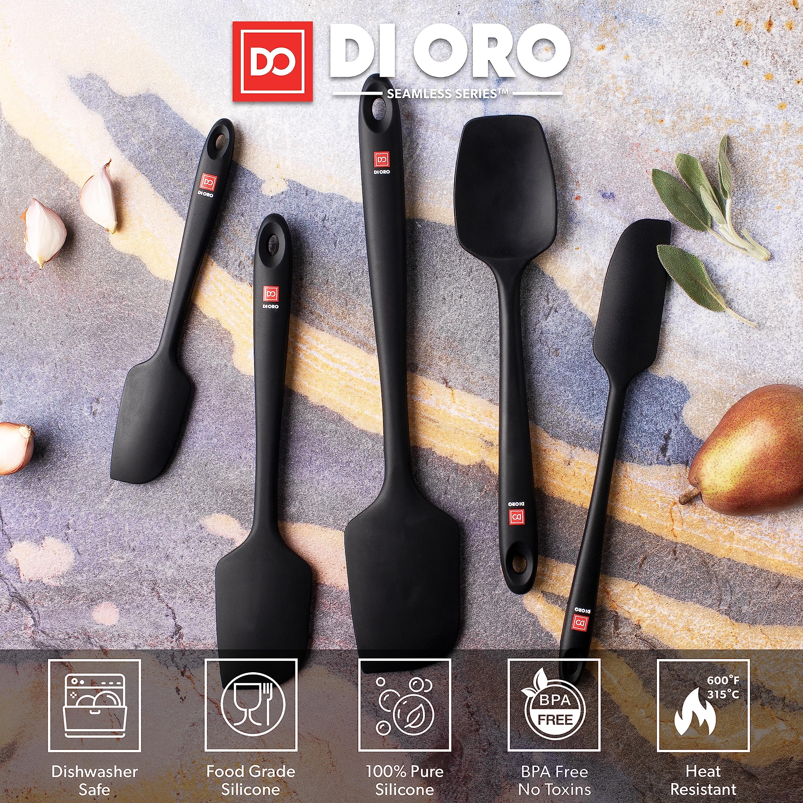 DI ORO® Espatulas Silicona Cocina - Espátulas de Silicona Resistente al Calor Hasta 315 °C - Utensilios de Cocina de Silicona sin BPA Antiadherentes - Set de 5 Espátulas para Hornear y Mezclar (Negra)