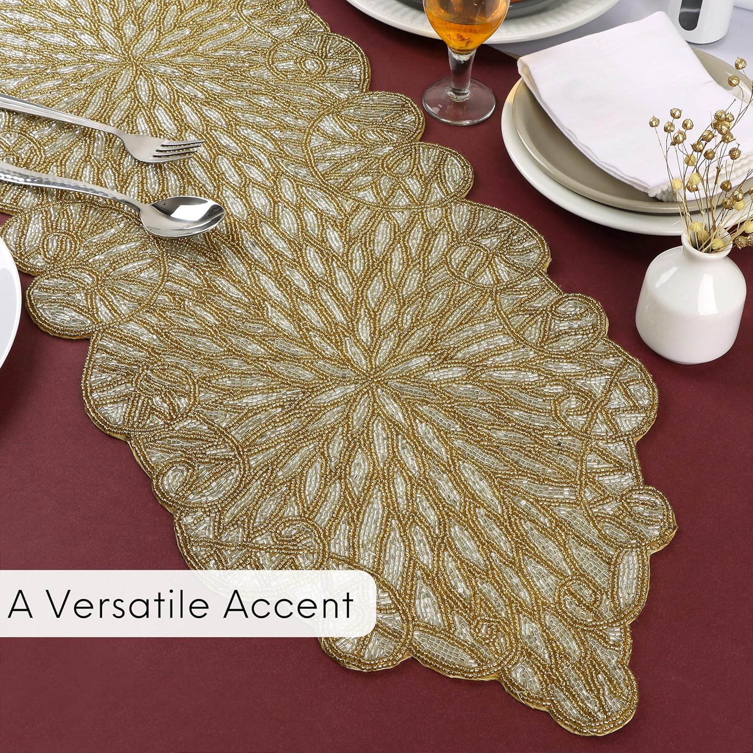 CLEENTABLE Metallic Bead Table Runner 13x36 Inches - Glass Beaded & Polyester Handcrafted Nautical Decor for Weddings, Christmas & Home Gatherings - Stain Resistant Dining Décor Accent (Gold)