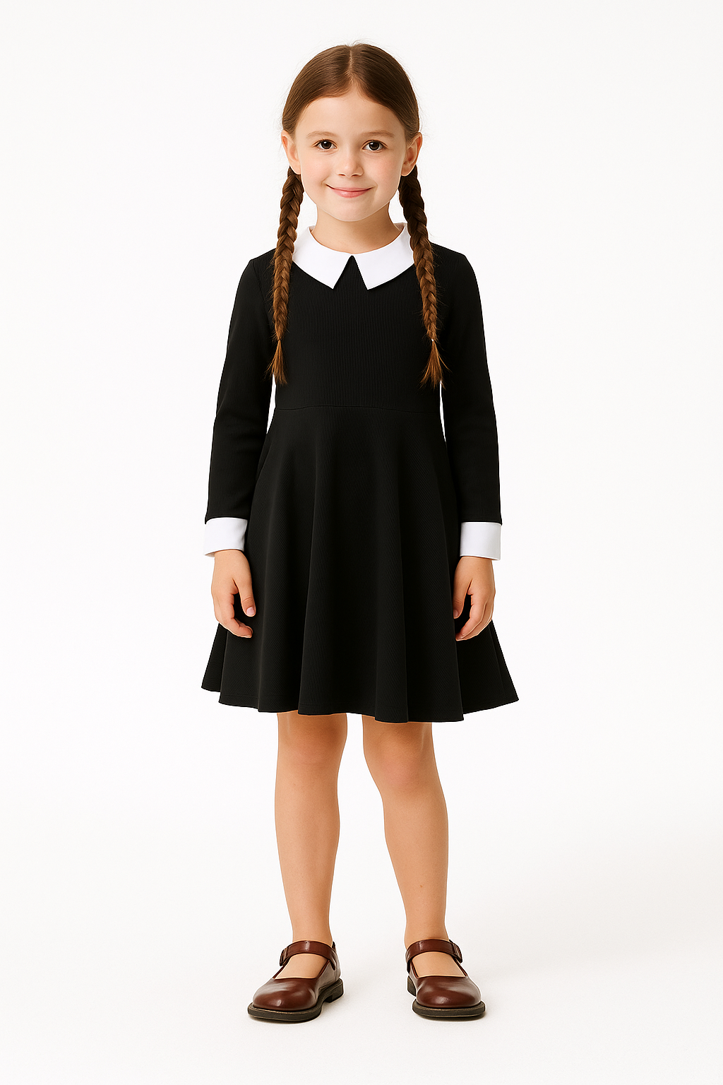 Vestido negro para niña manga larga clásico con cuello Peter Pan miniatura 7