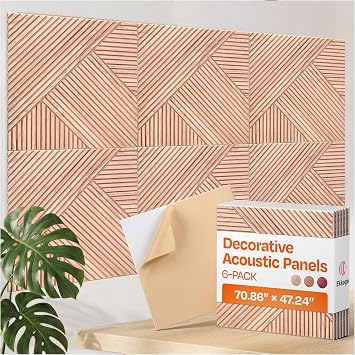 XL Acoustic Wall Panels 6-Pack Decorative Acoustic Panels High Density Sound Absorbing Wall Art 70.86X47.24 Inches with Self-adhesive for Studio Home and Office - Oak Wood Finish