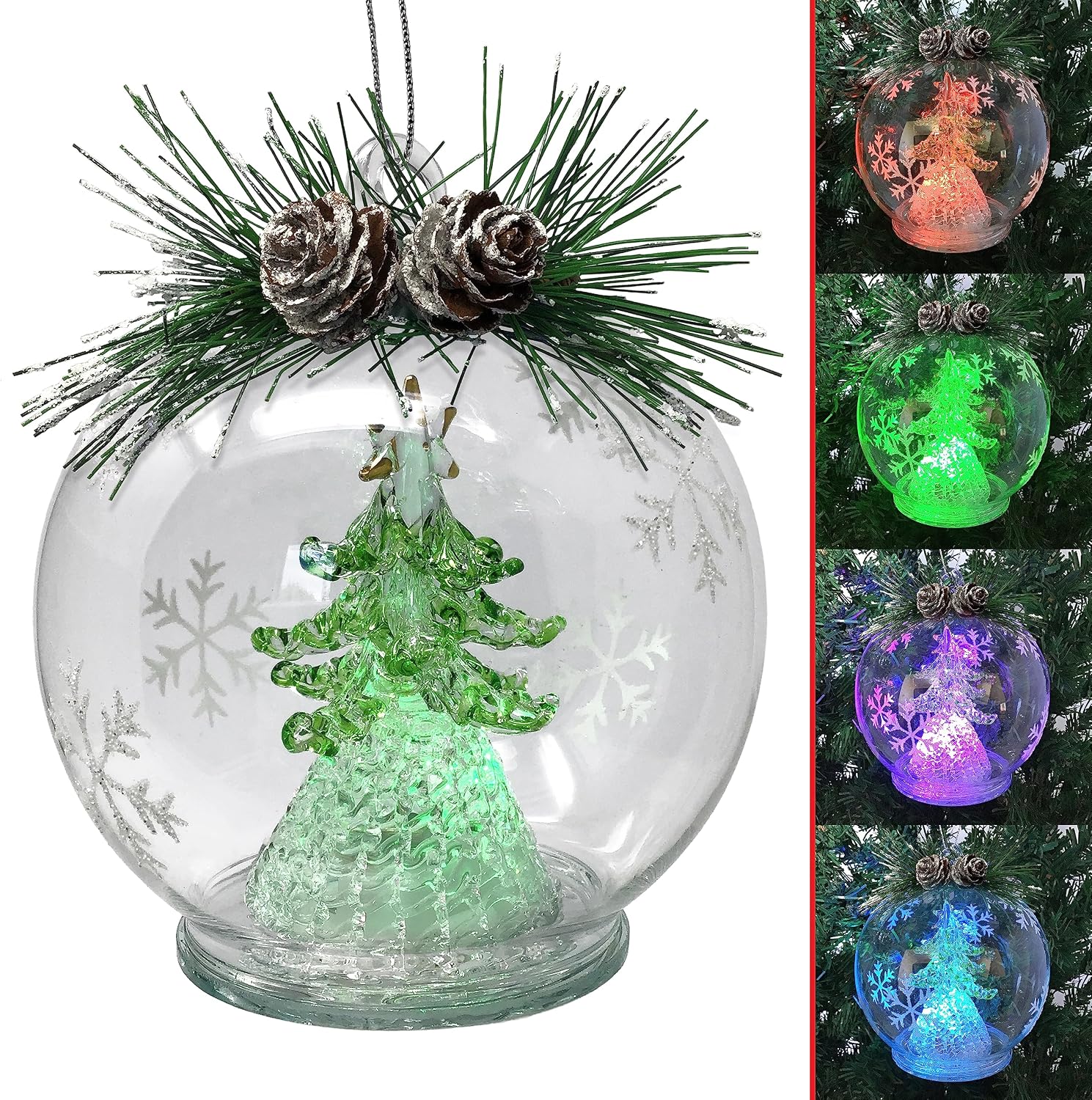 LED Christmas Ornament Featuring a Christmas Tree with Hand Painted Glitter Snowflakes Color Changing Lights - Includes a 6-Hour Timer