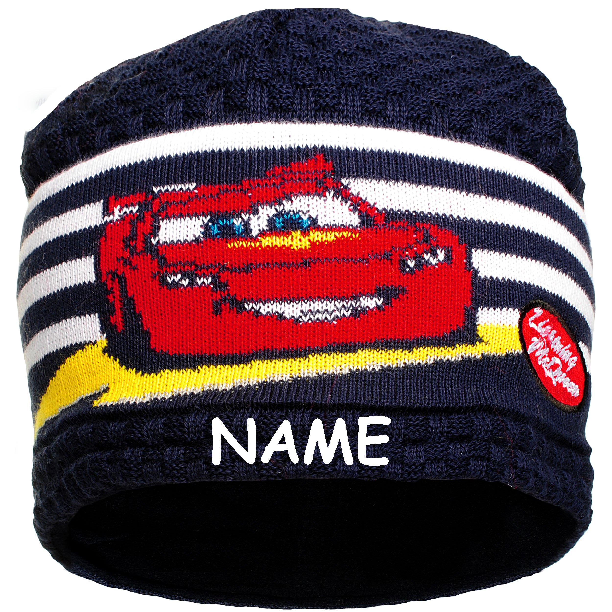alles-meine.de GmbH Mütze/Strickmütze - Cars/Lightning McQueen - Auto - inkl. Name - Größe 51 - Fleece Futter/Fleecemütze - 100% Baumwolle - Strick Beanie