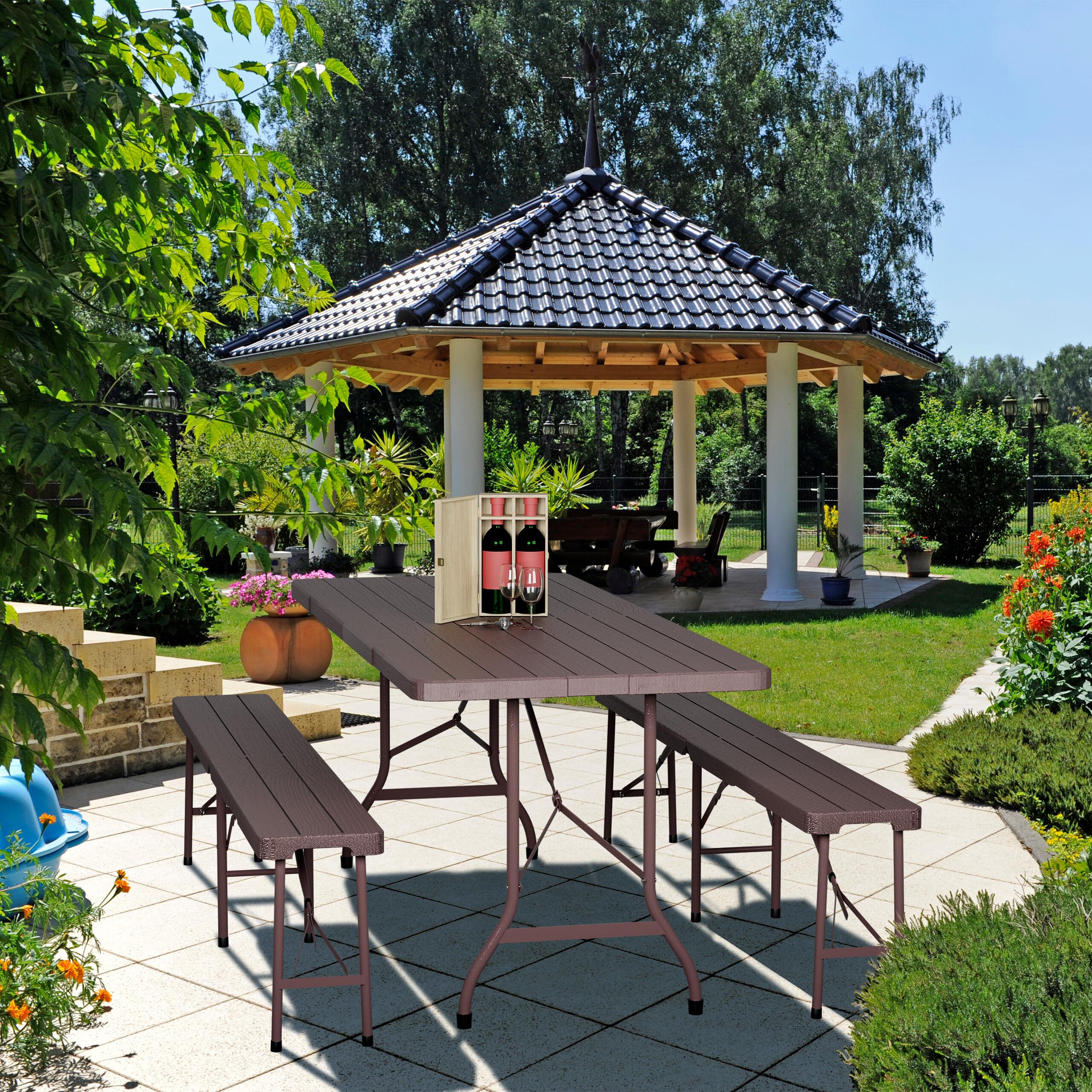 Relaxdays Tavolo da Birreria con Panche, Set da Giardino, Panchine e Tavolino 180 cm Pieghevoli, Aspetto Legno, Marrone