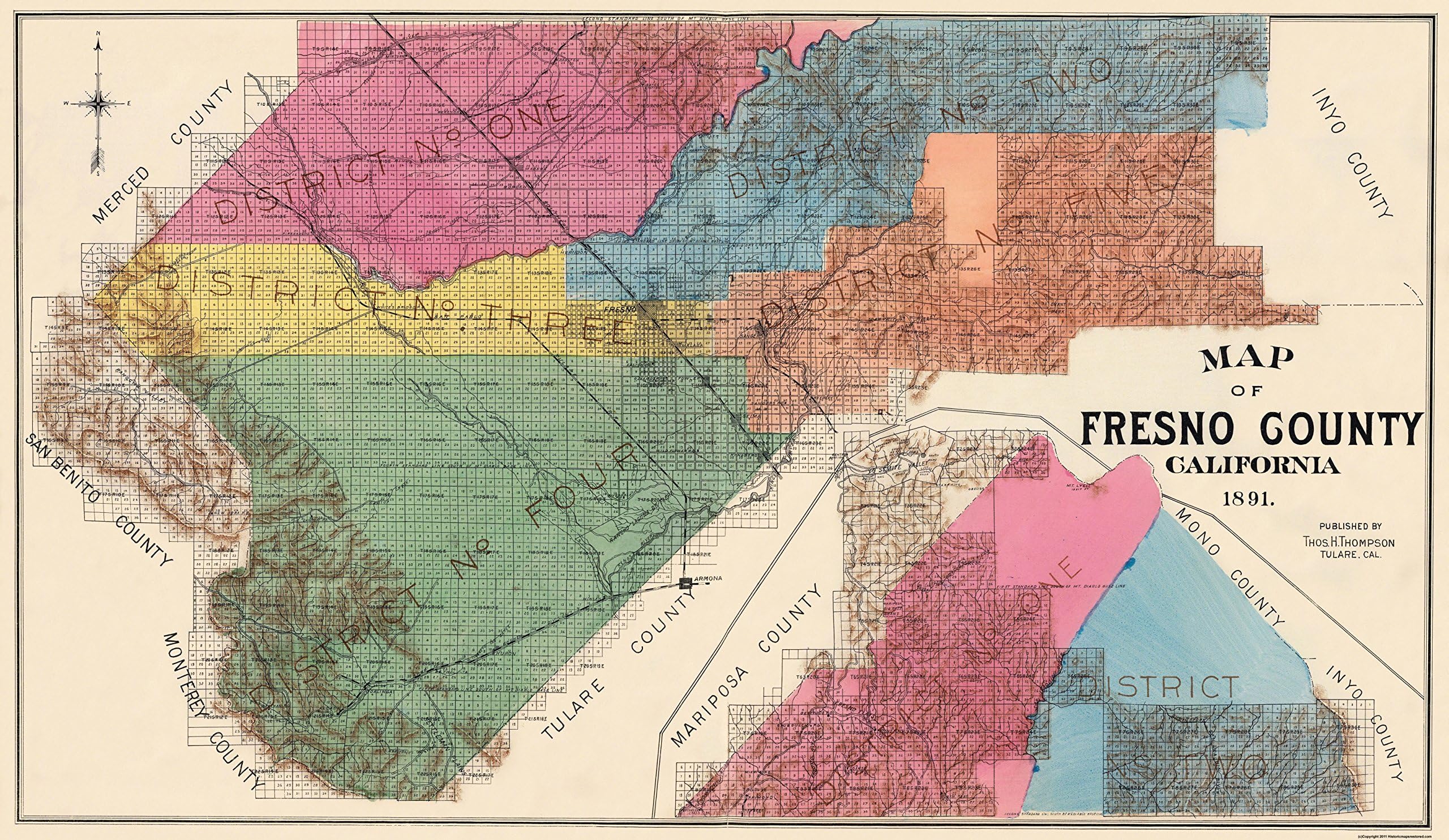 MAPS OF THE PAST - Historical Map of Fresno County California - Thompson 1891-39.69 in x 23.00 in - Glossy Satin Paper