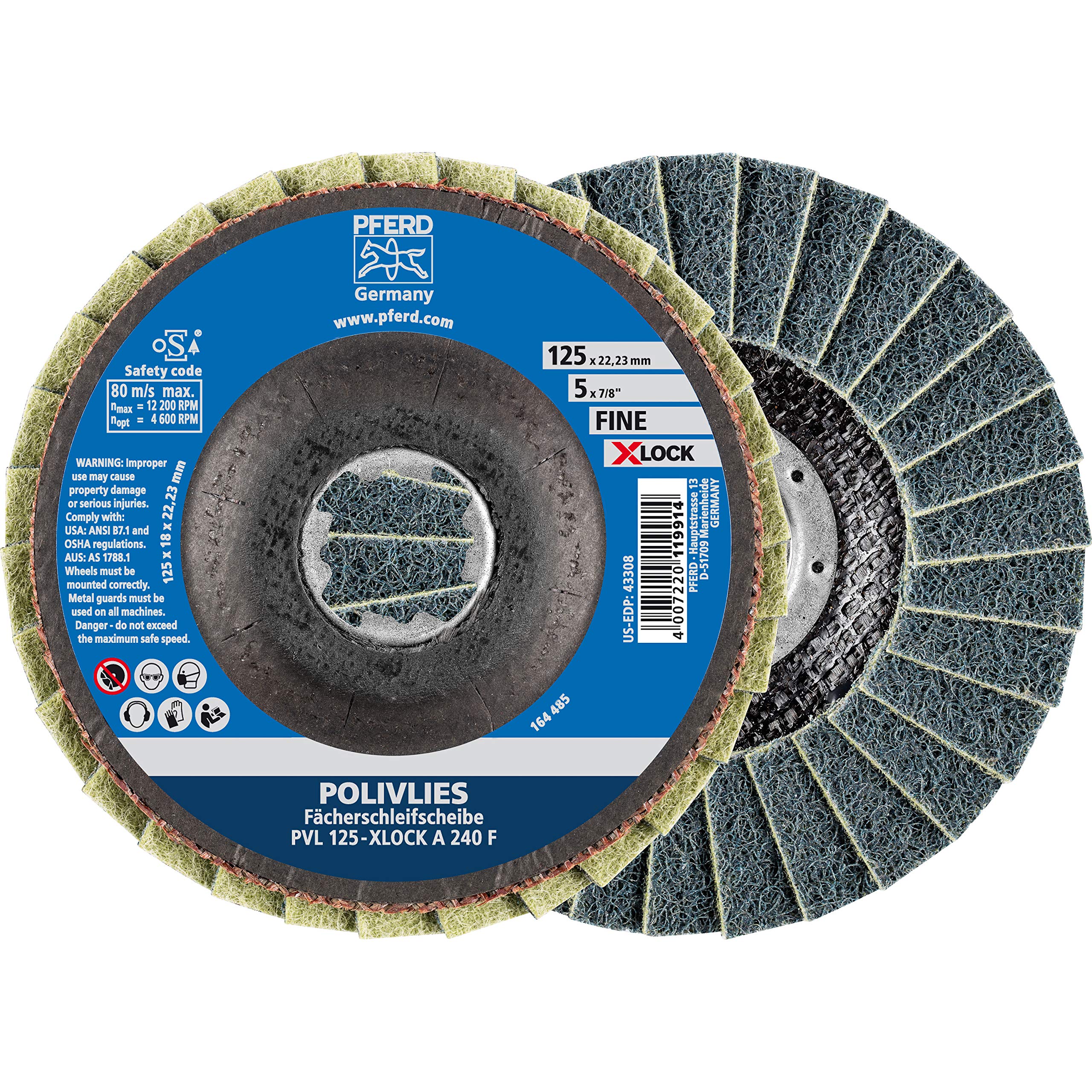 PFERD TOOLS POLIVLIES-Fächerscheibe, 5 Stück, 125mm, A240, fein, X-LOCK (22,23 mm), 44694213 – für schnelle und komfortable Werkzeugwechsel, scheiben-ø 125 mm