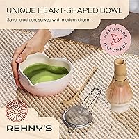 Vista 2 de Rehny’s Juego de batidor matcha Juego completo de matcha con cuenco en forma de corazón, batidor de bambú, soporte, tamiz de acero inoxidable