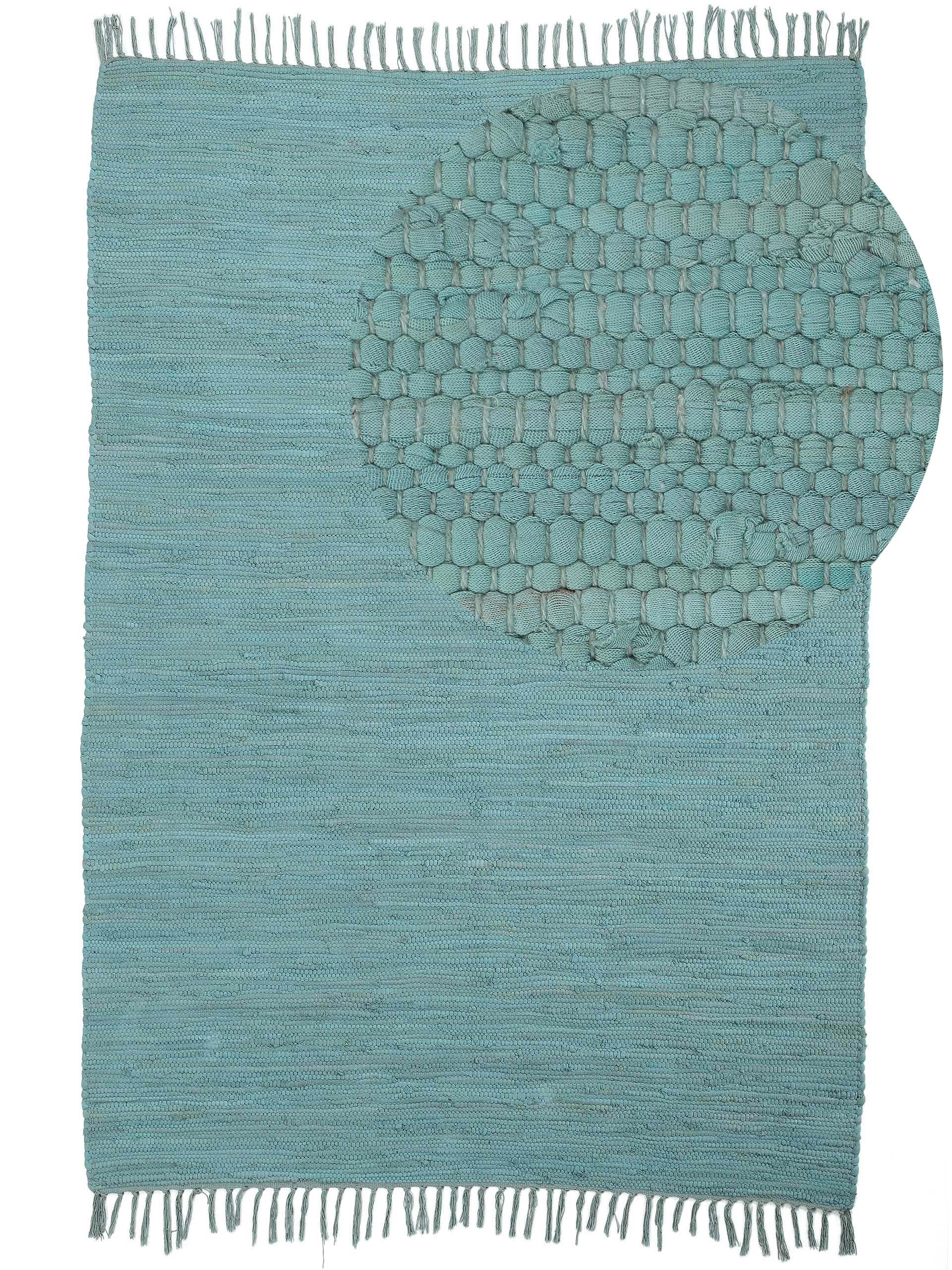 carpetfine Flickenteppich Kelim Chindi Uni Türkis 190x290 cm, handgewebt | Fleckerlteppich aus Baumwolle für Wohnzimmermit Fransen