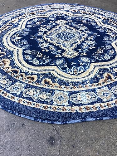 Miniatura 8 de EMIRATES Alfombra tradicional redonda oriental con diseño azul oscuro 520 (7 pies 9 pulgadas x 7 pies 9 pulgadas)
