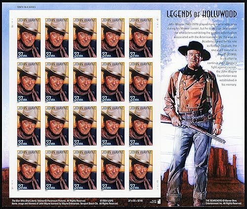 John Wayne, Legends of Hollywood, hoja completa de 20 sellos de envío de 37 centímetros, Estados Unidos 2004, Scott 3876