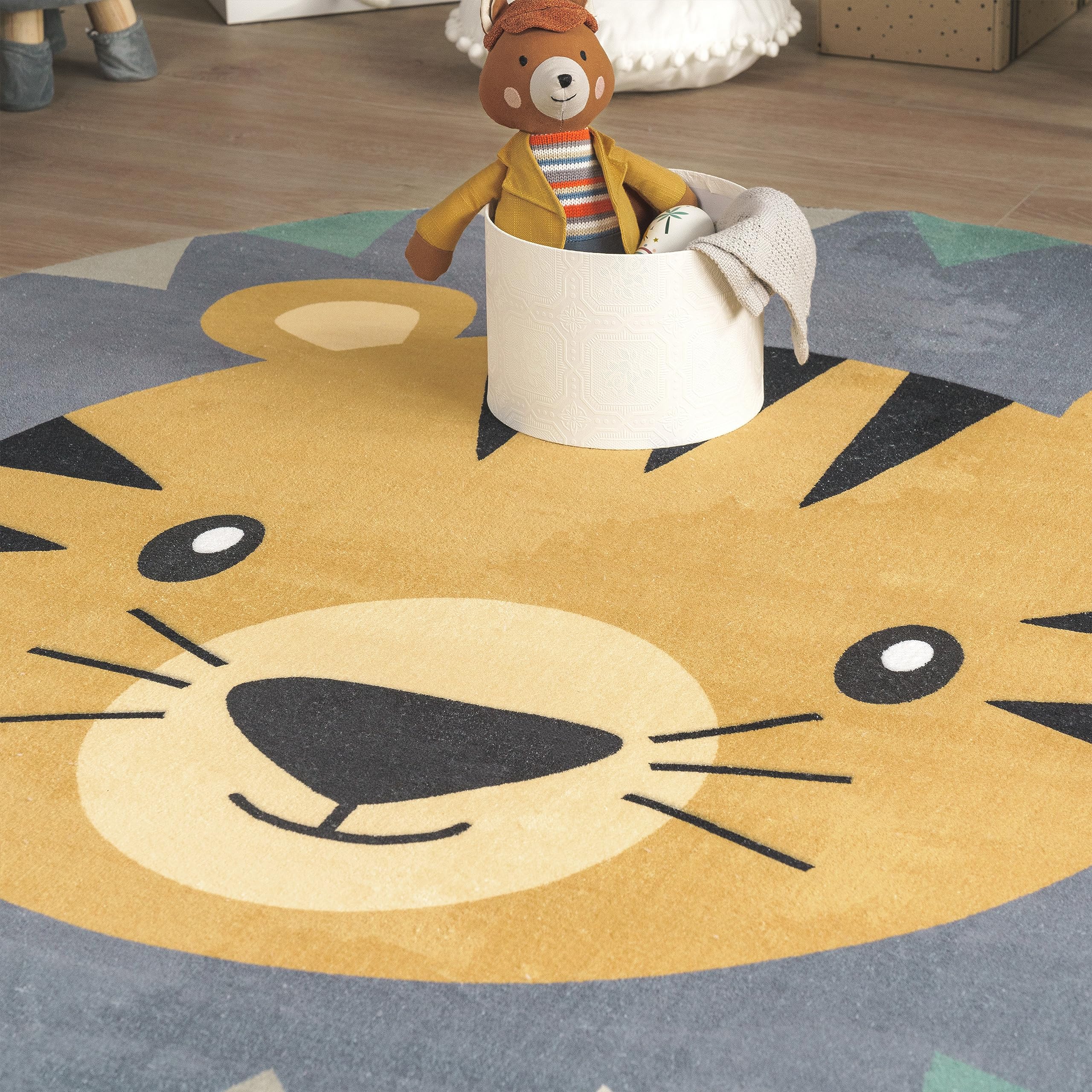 Paco Home Alfombra De Habitacion Bebe Infantil Niña Niño De Juego Retonda Cabeza De Oso De León Lavar En La Lavadora Moderna, tamaño:Ø 160 cm Redon, Color:Multicolor