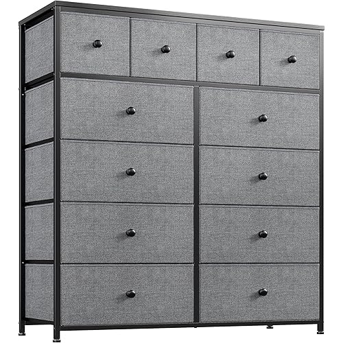 EnHomee Dresser for Bedroom with 12 Drawers, Large Tall Dressers for Bedroom with Wooden Top and Metal Frame, Fabric Dressers & Chests of Drawers Clearance, 40.6" W x 11.8" D x 43.7" H, Gray