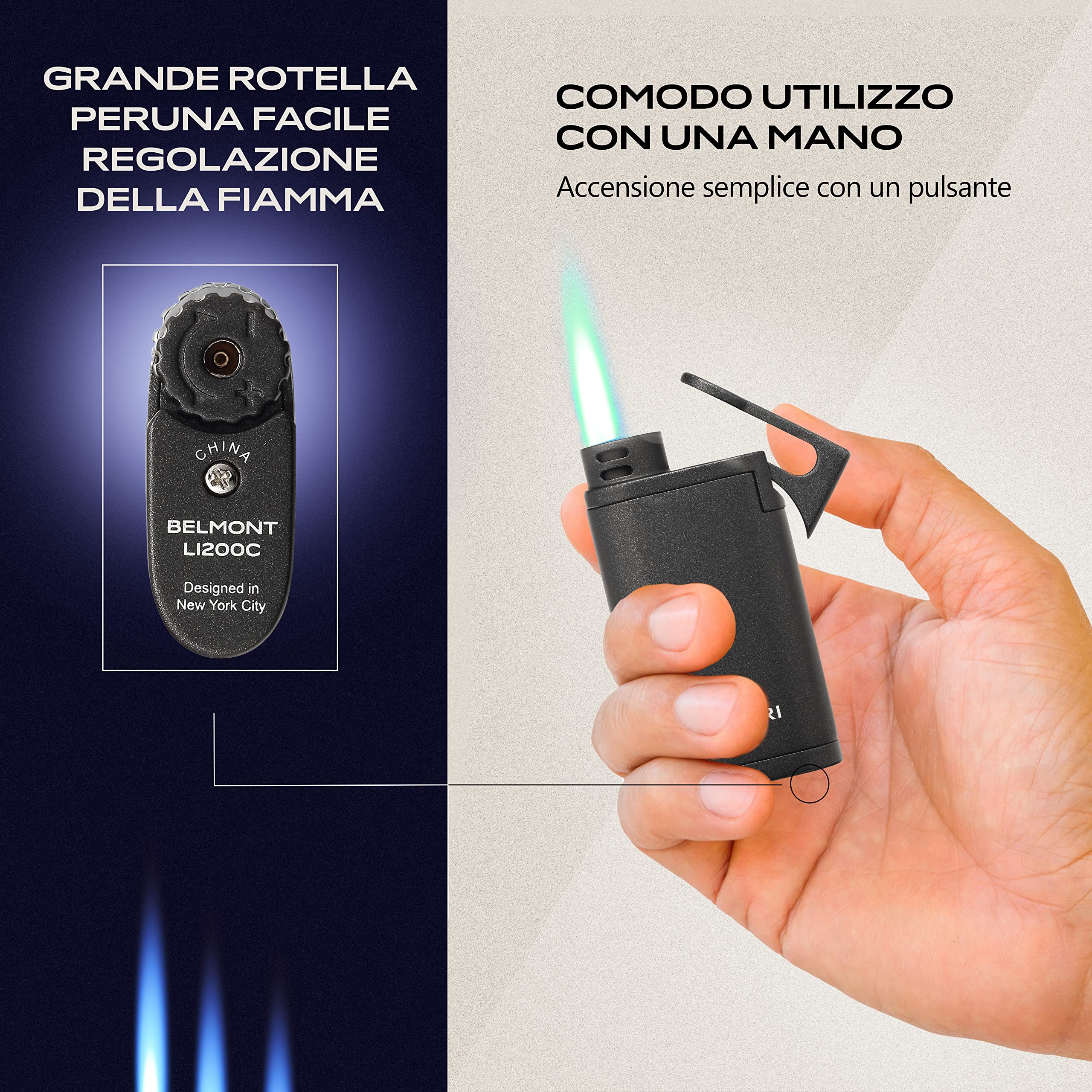 Accendino Antivento Colibri Belmont a Fiamma Singola - Ricaricabile Funziona Con Gas Butano (non Incluso) - Grande Rotella per la Regolazione Fiamma - Finestra Per Livello Gas - Confezione Regalo