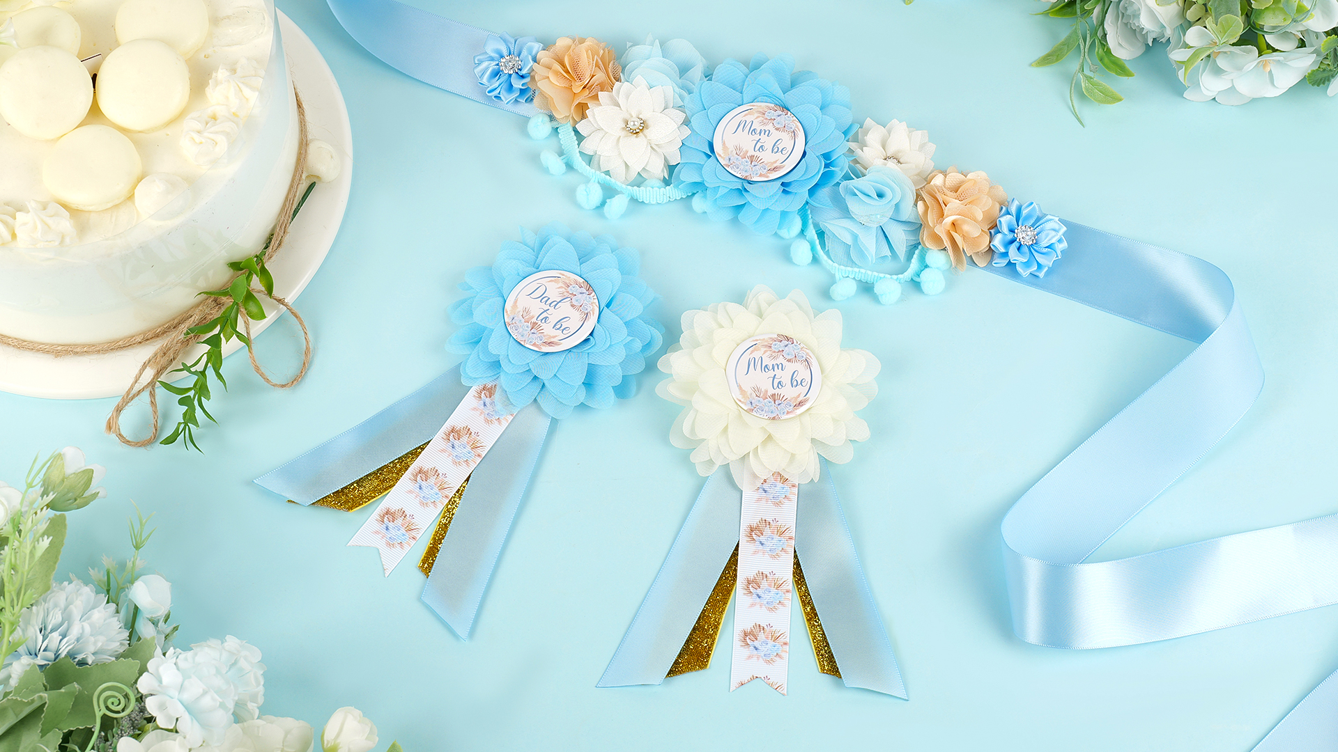 Maternity Sash Stork-Themed Set 'Mom/Dad To Be' With Corsage For