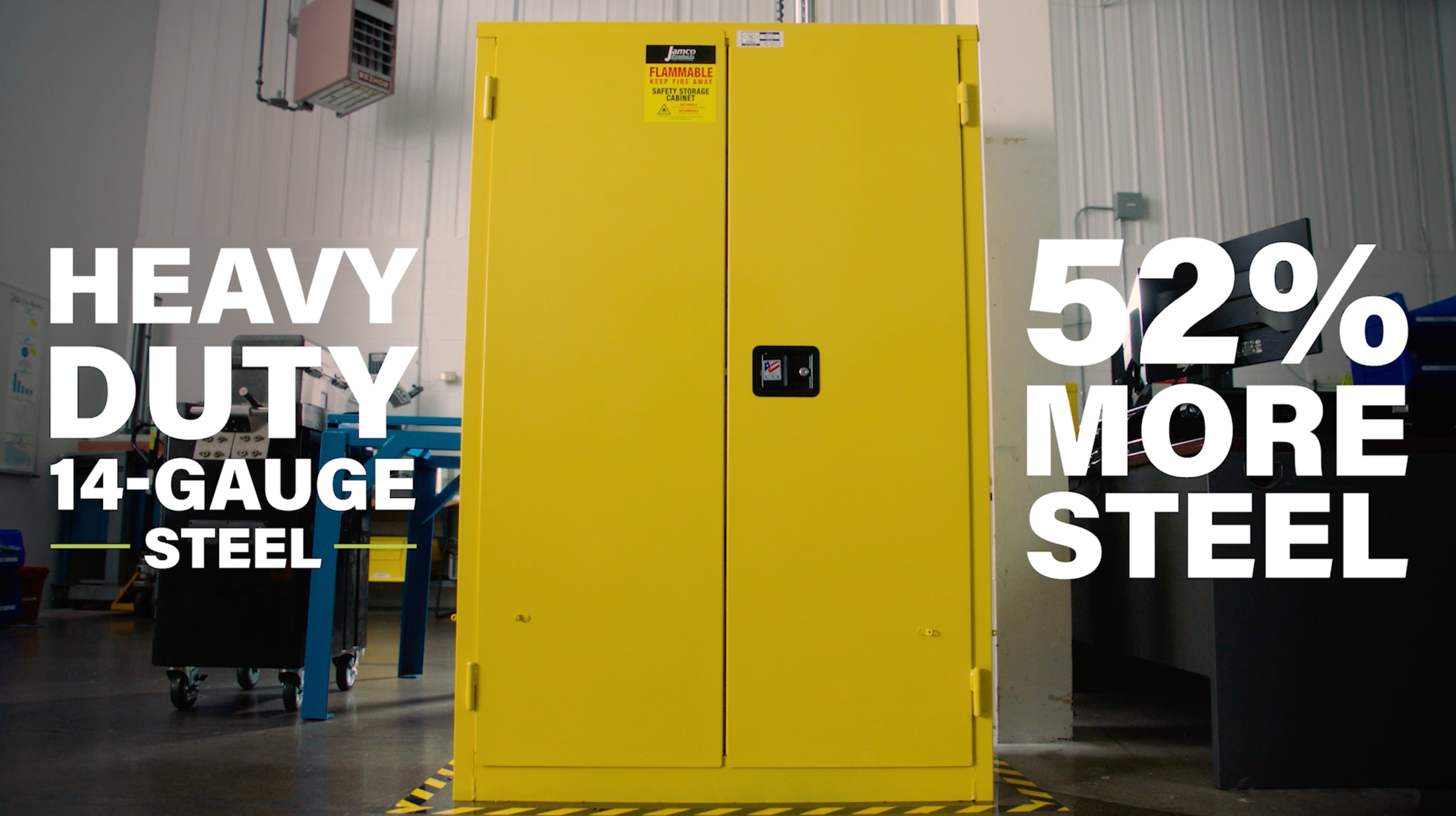 Image of Jamco 45 Gallon Flammable Safety Cabinet, Steel Flammable Storage Cabinet with Lockable Manual Closing Doors, Non Forkliftable, 43 inch x 18 inch x 65 inch, Yellow