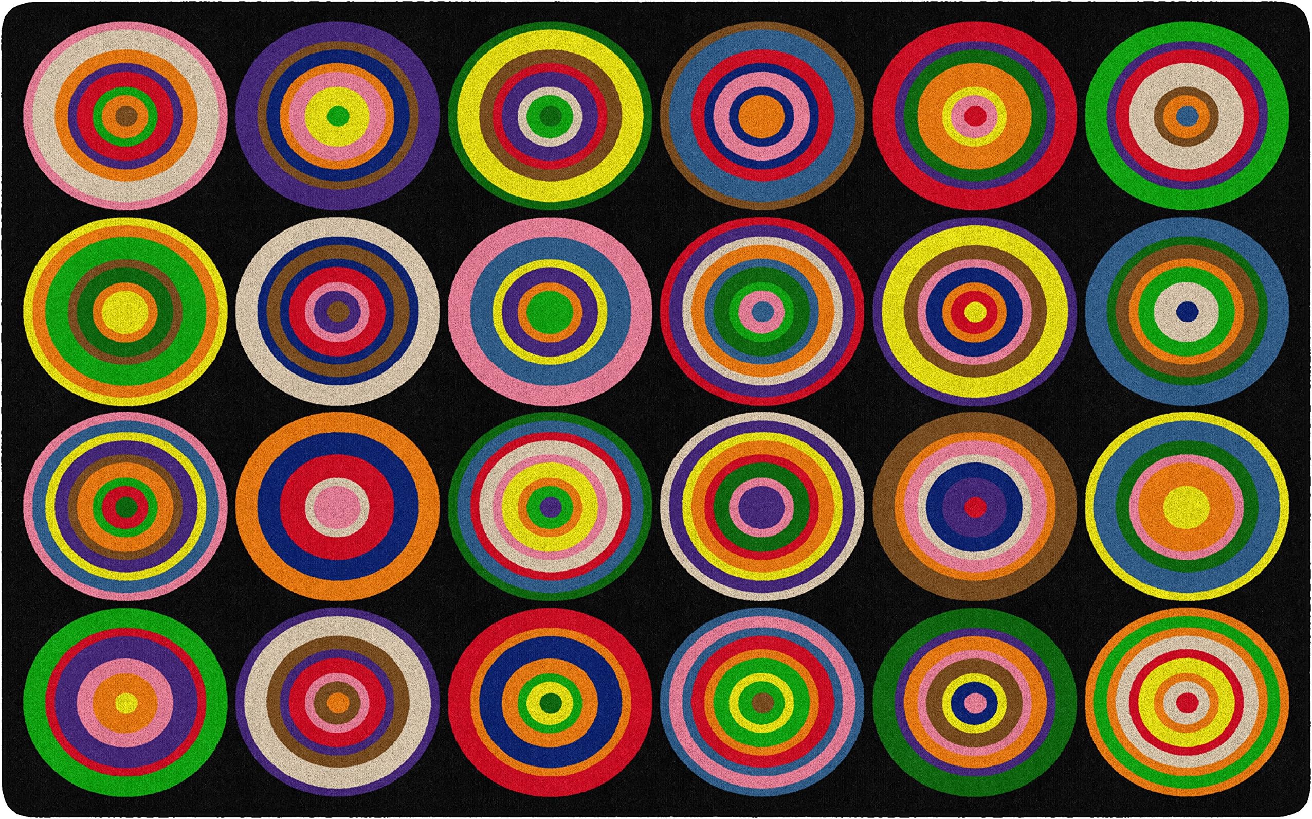 Flagship Carpets Color Rings Colorful Children's Area Rug for Kids Room Circle Seating Décor, Play Carpet for Teaching and Playing, Seats 24, 7'6" x 12', Black
