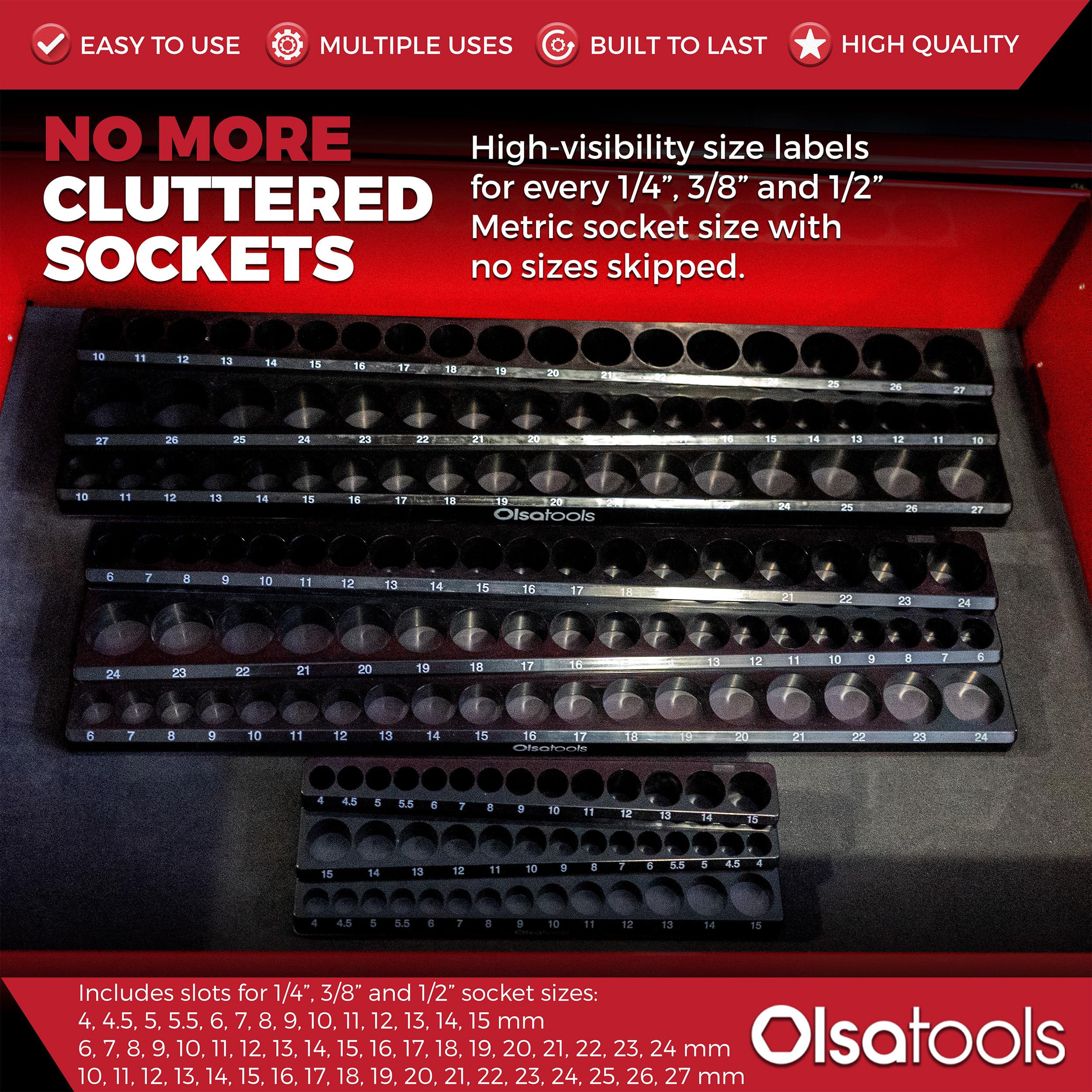 Olsa Tools Organiseur Magnétique De Douilles | Kit De 3 Supports De Douilles | Entraînement 1/2", 3/8", 1/4" | Organisateurs De Douilles Pour Boîtes à Outils | Noir | Peut Contenir 141 | Organisateur